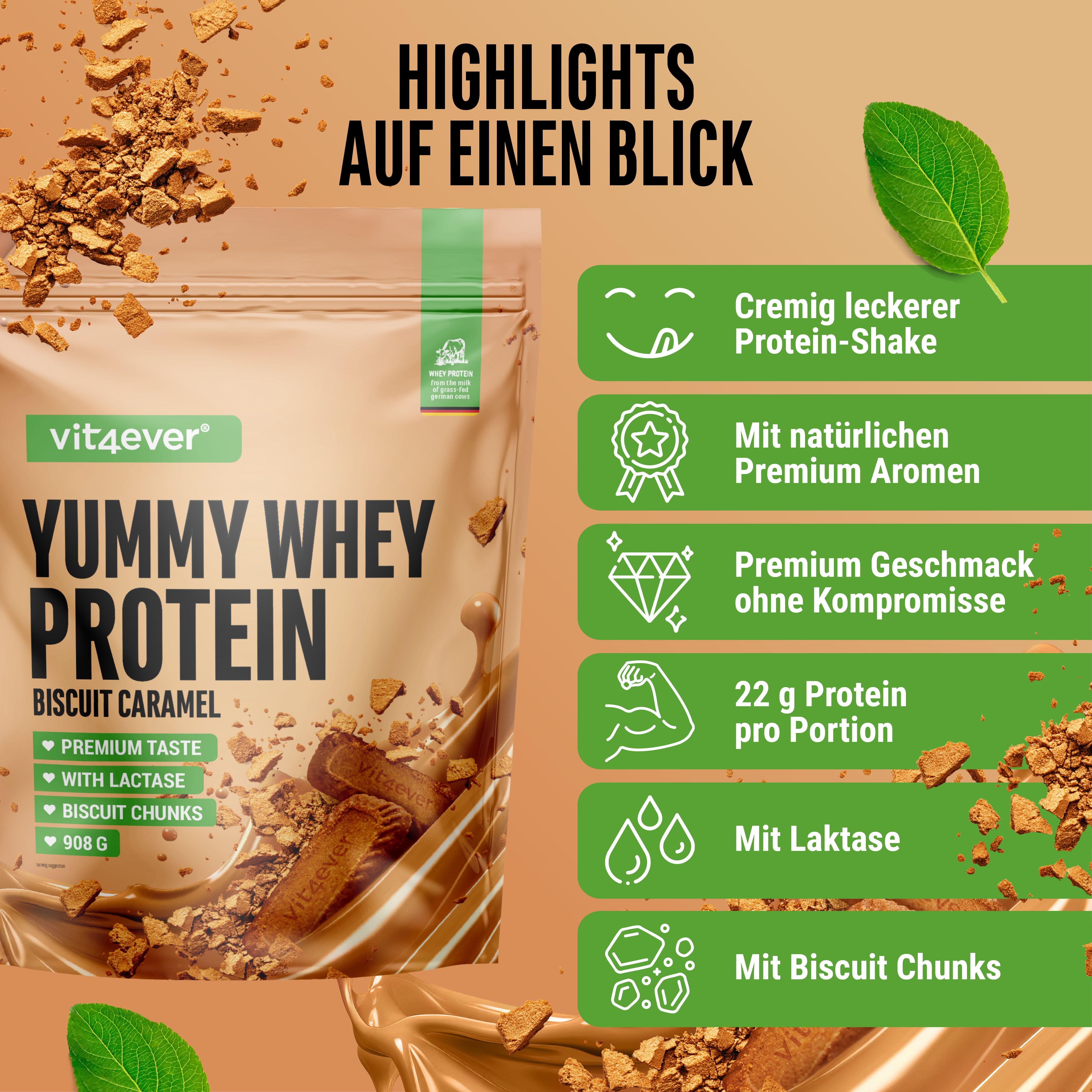 Produktverpackung von Yummy Whey Protein, Geschmack Biscuit Caramel. Mit Highlights wie "Premium Geschmack" und "22g Protein pro Portion".