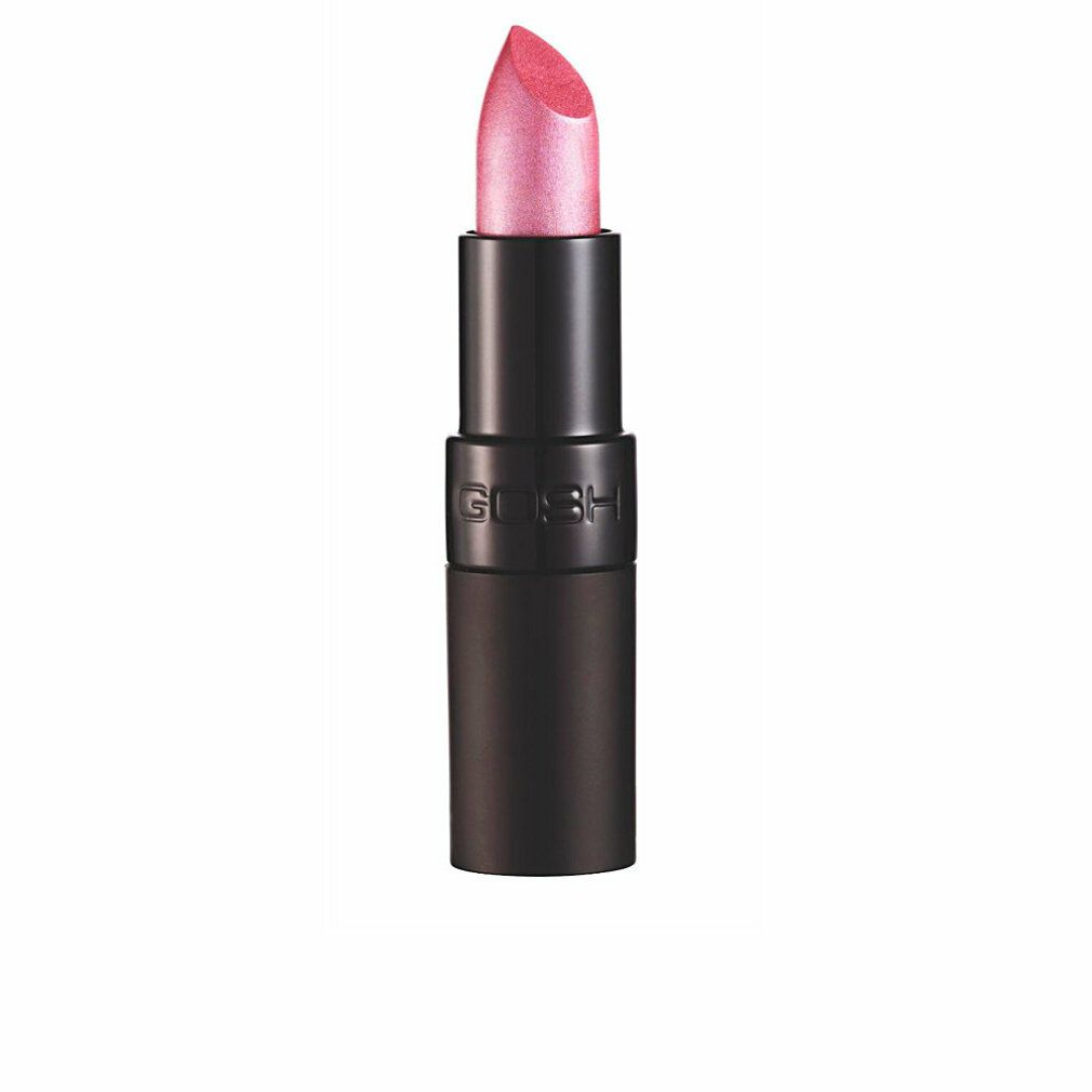 Gosh Velvet Touch Lippenstift 131 Amethyst. Schwarzer Stift, rosa Lippenstiftspitze. Gosh-Logo.