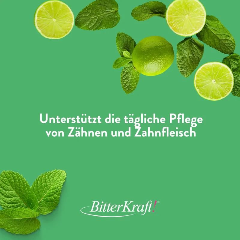 Grüner Hintergrund mit Limettenscheiben, Minzblättern und Text: Unterstützt die tägliche Pflege von Zähnen und Zahnfleisch. BitterKraft! Logo.