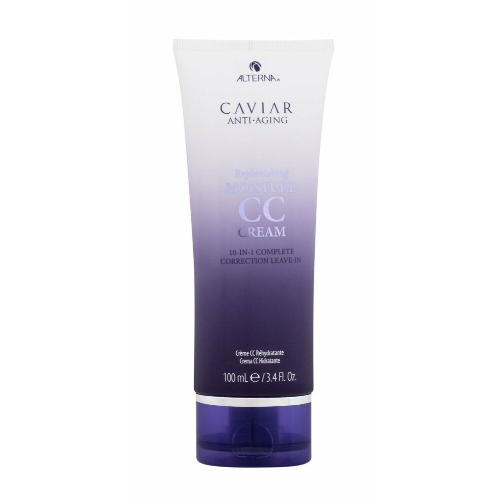 Tube mit CC Cream. Weiß-lila Farbverlauf. Beschriftung: Caviar Anti-Aging, Replenishing Moisture CC Cream. 10-in-1.