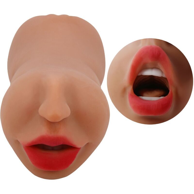Masturbator mit Gesicht und rotem Mund. Hautfarbenes Silikon, Detailansicht der Mundöffnung.