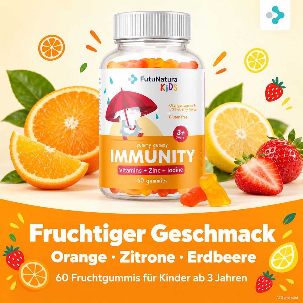 Flasche FutuNatura Immunity Gummis mit Frucht- und Vitamin-Symbolen.