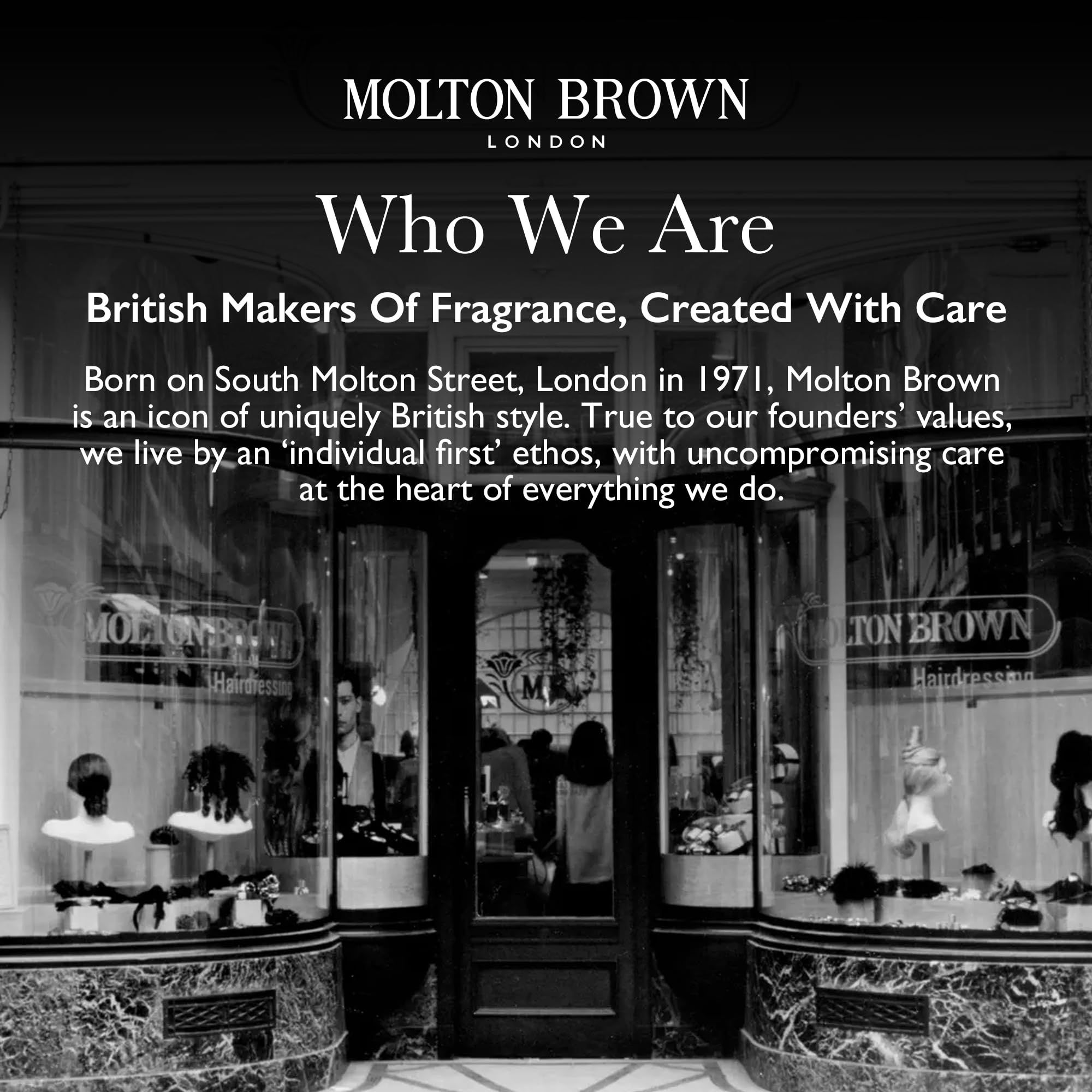 Schwarz-Weiß-Foto eines Geschäfts. Aufschrift: Molton Brown London. Text: British Makers Of Fragrance, Created With Care.