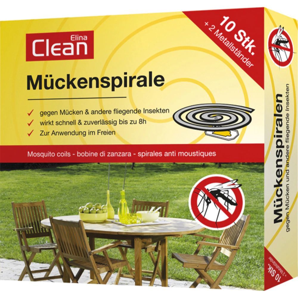 Verpackung mit Mückenspiralen und Metallständern. Text: Elina Clean, Mückenspirale, 10 Stk. + 2 Metallständer. Abbildung: Gartenmöbel.