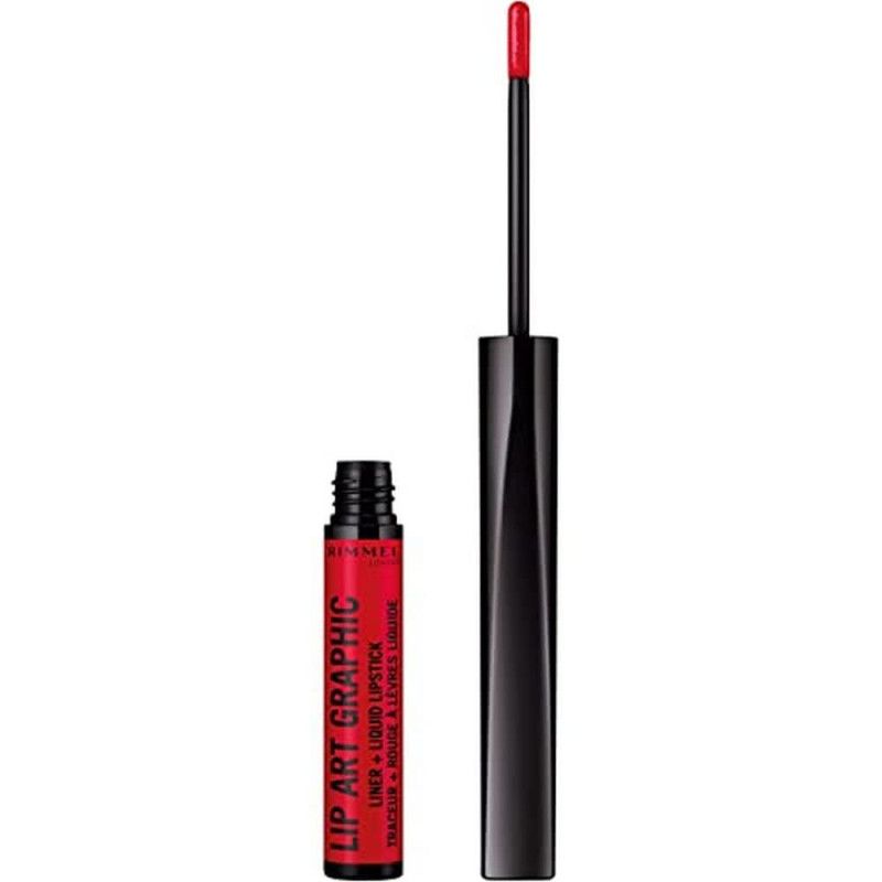 Rimmel Lip Art Graphic Liner in Rot mit Applikator und geöffnetem Behälter.