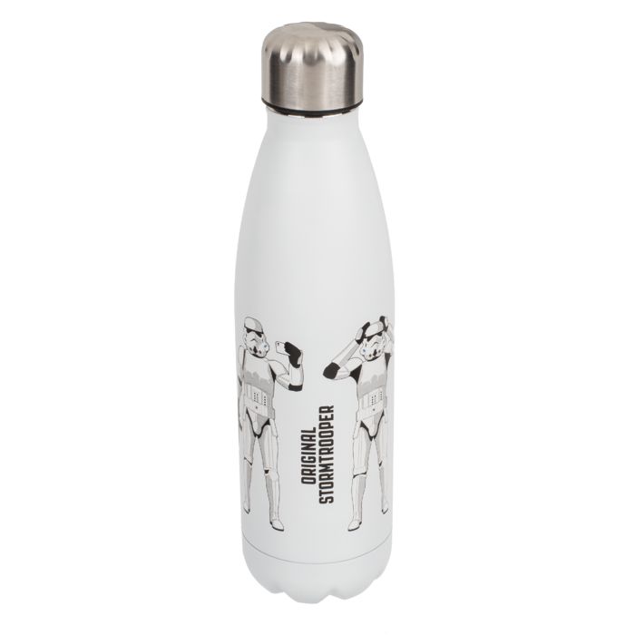 Weiße Trinkflasche mit silbernem Deckel. Zwei Stormtrooper-Illustrationen. Aufschrift: Original Stormtrooper.