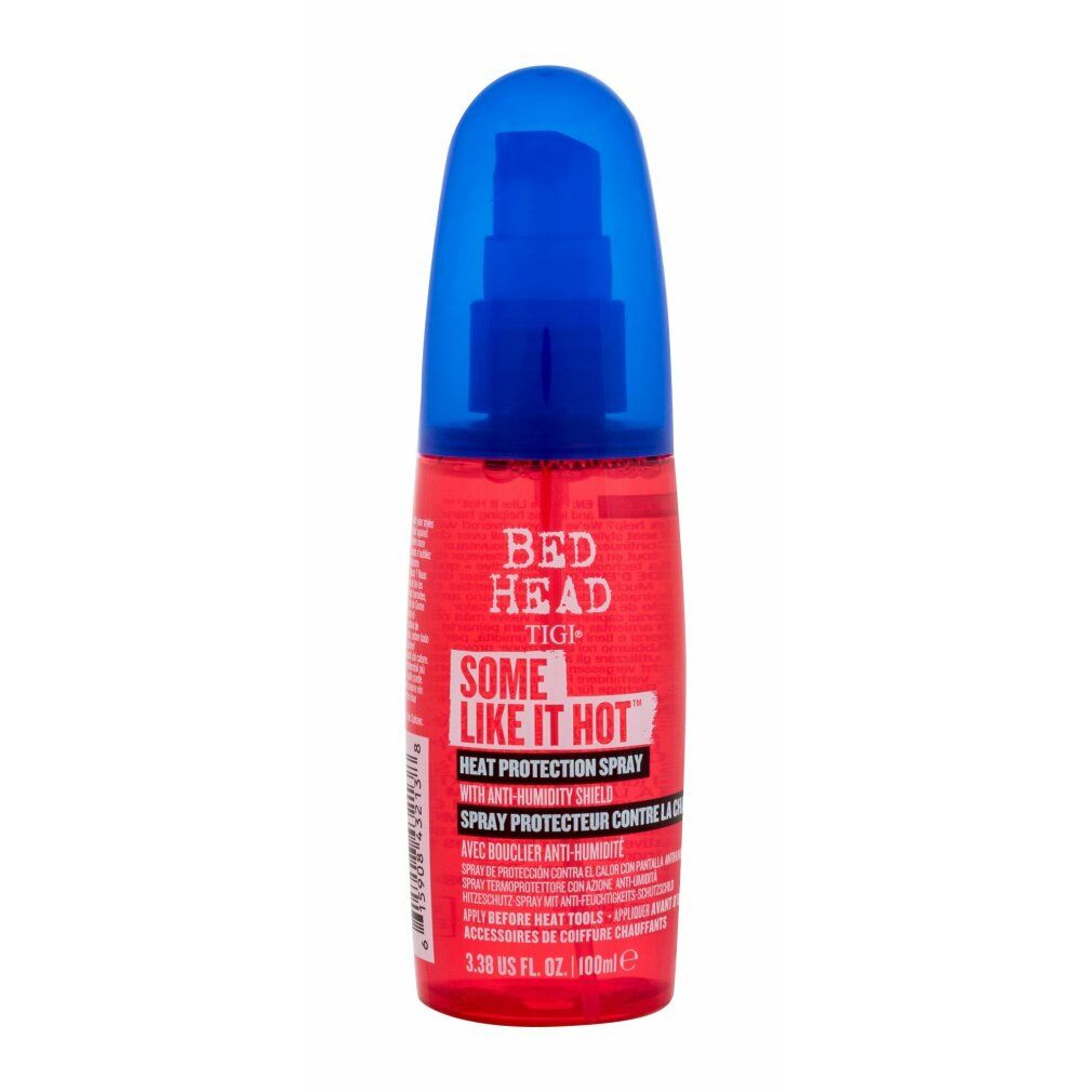 Rote Sprühflasche mit blauem Deckel. Aufschrift: Bed Head Some Like It Hot Heat Protection Spray.