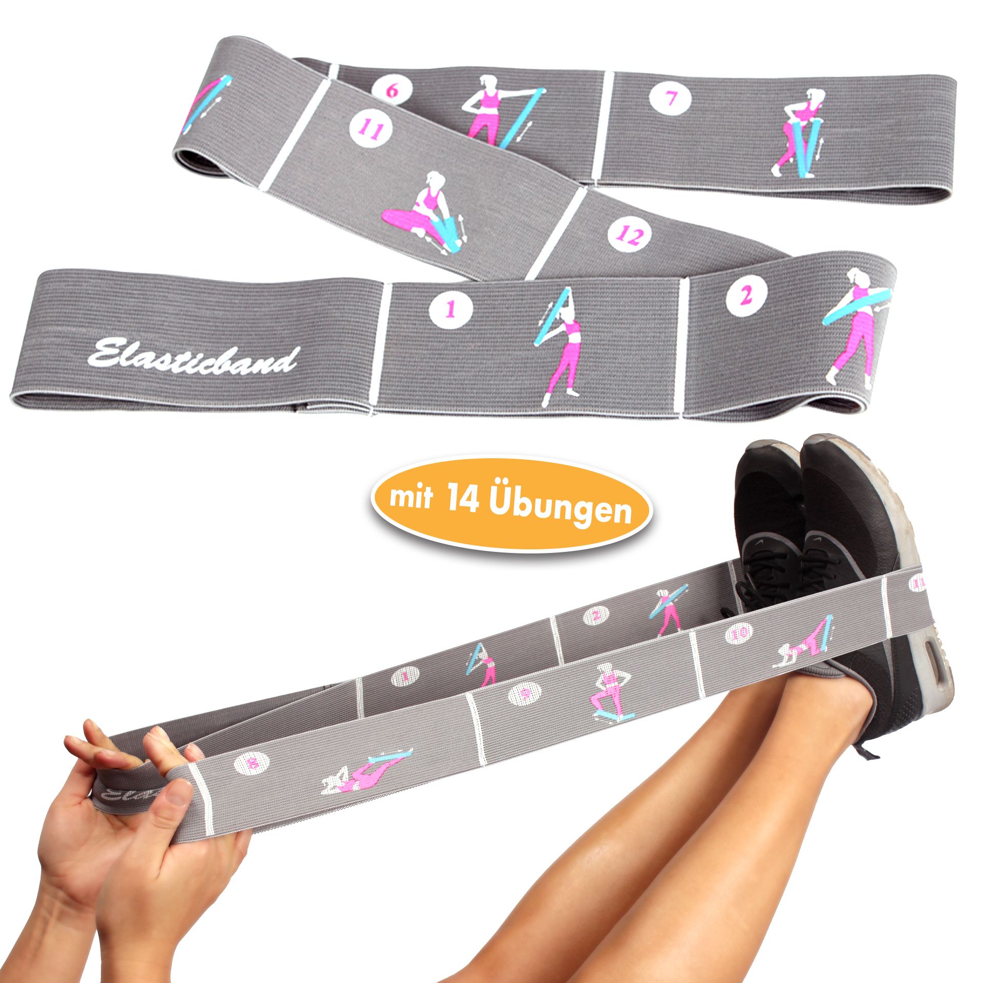 Graues Elastikband mit Übungsabbildungen und der Aufschrift Elastikband. Füße in Turnschuhen halten das Band.