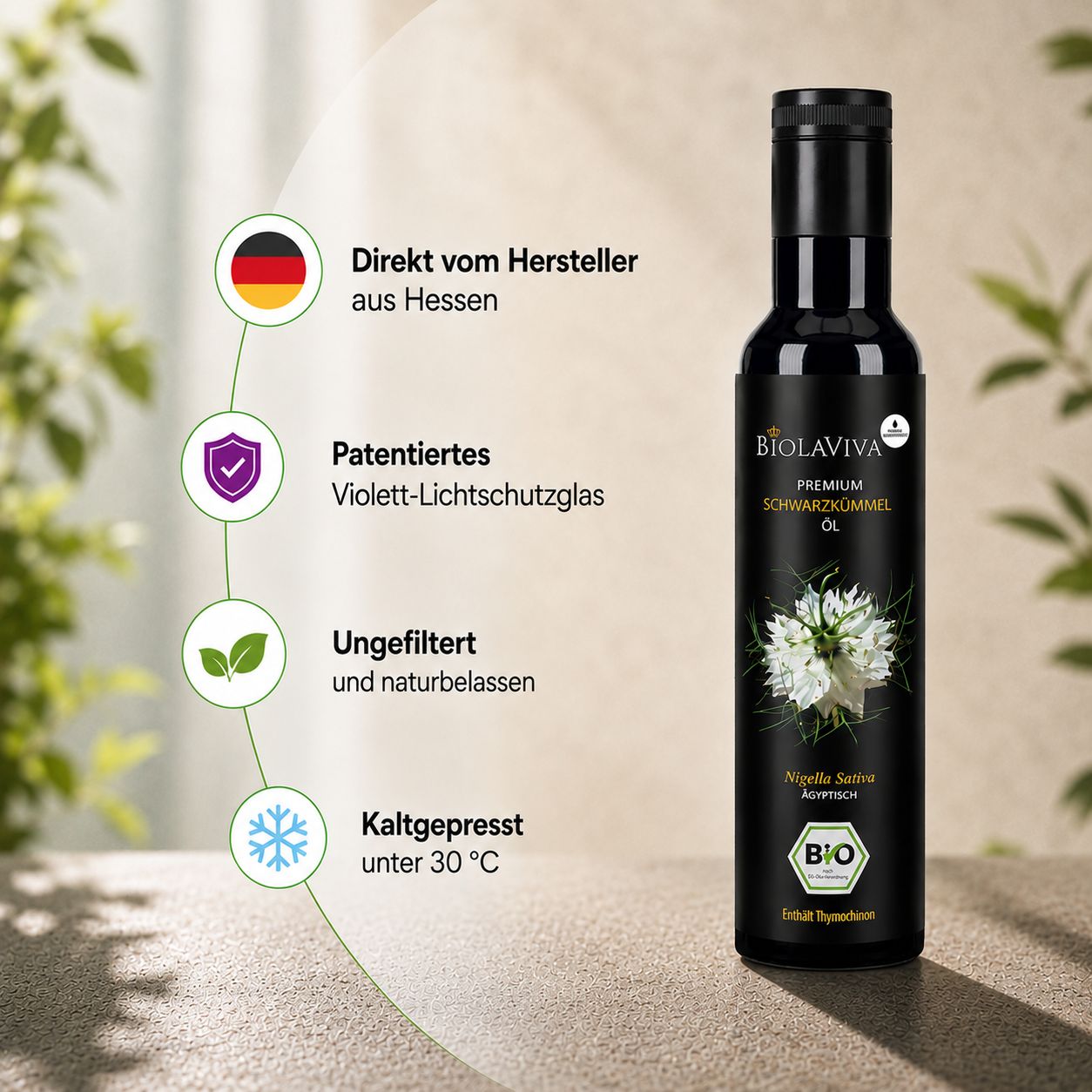 Schwarze BIOLAVIVA Schwarzkümmelöl Flasche neben Infografik mit Siegeln und Texten.