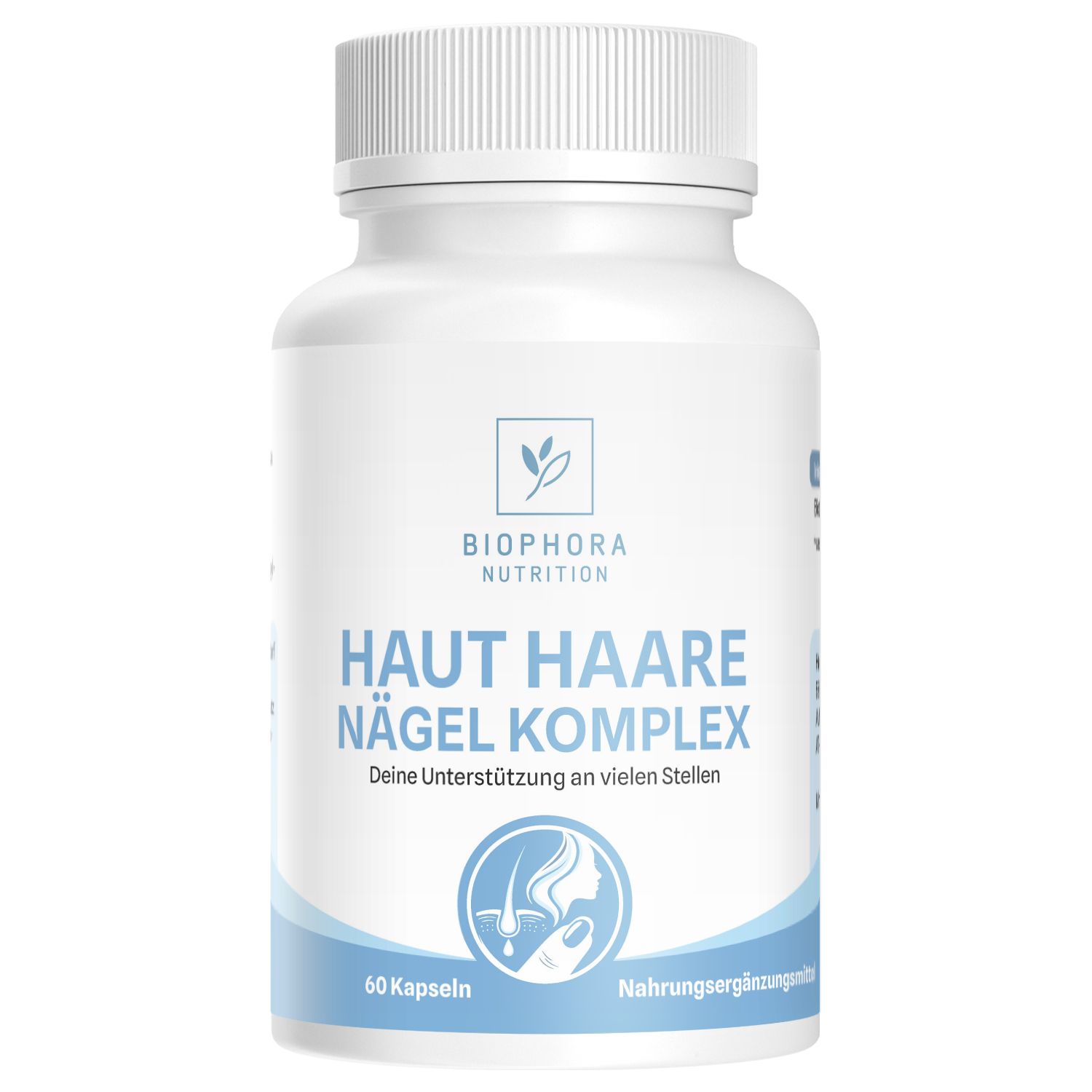Weiße Flasche mit Aufschrift: Haut Haare Nägel Komplex. 60 Kapseln. Nahrungsergänzungsmittel.