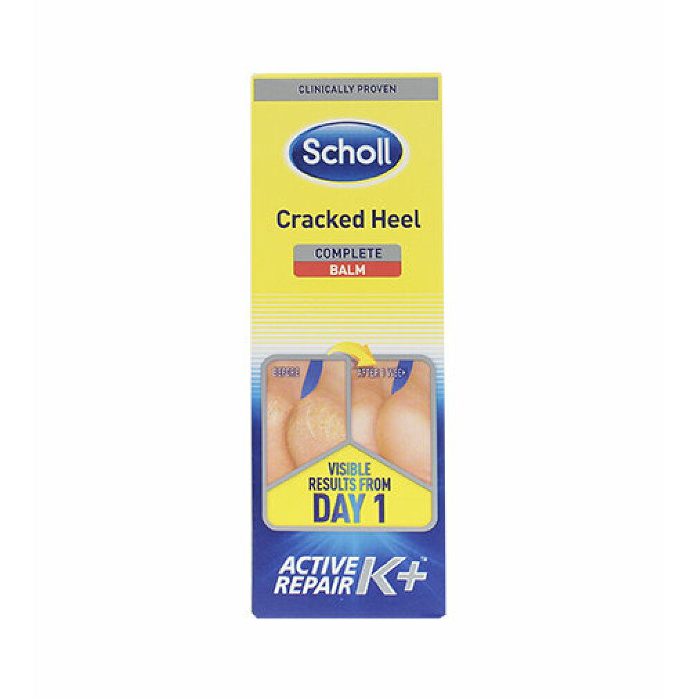 Scholl Cracked Heel Complete Balm. Verpackung mit Produktabbildung. Schriftzug: Visible Results From Day 1. Active Repair K+.