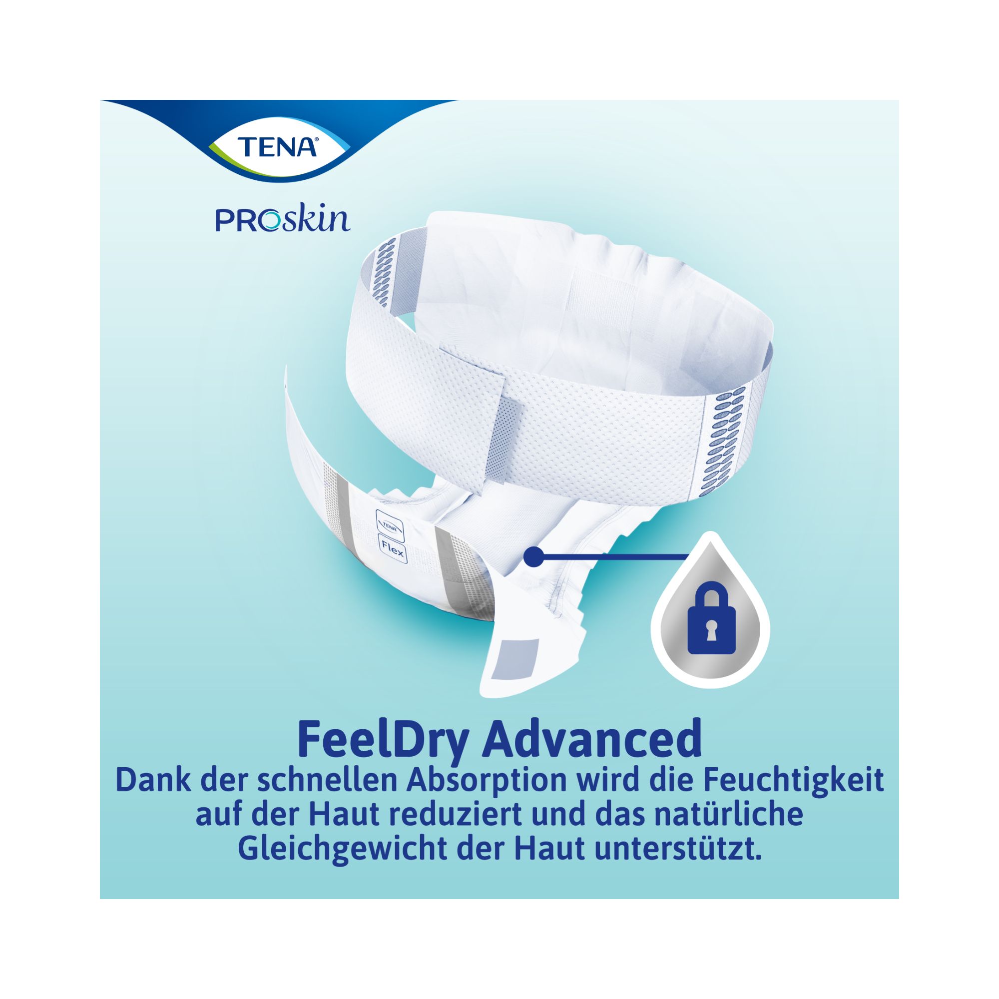 TENA Flex mit FeelDry Advanced. Produkt weiß. Logo: FeelDry Advanced, Schloss-Symbol. Text: FeelDry Advanced.