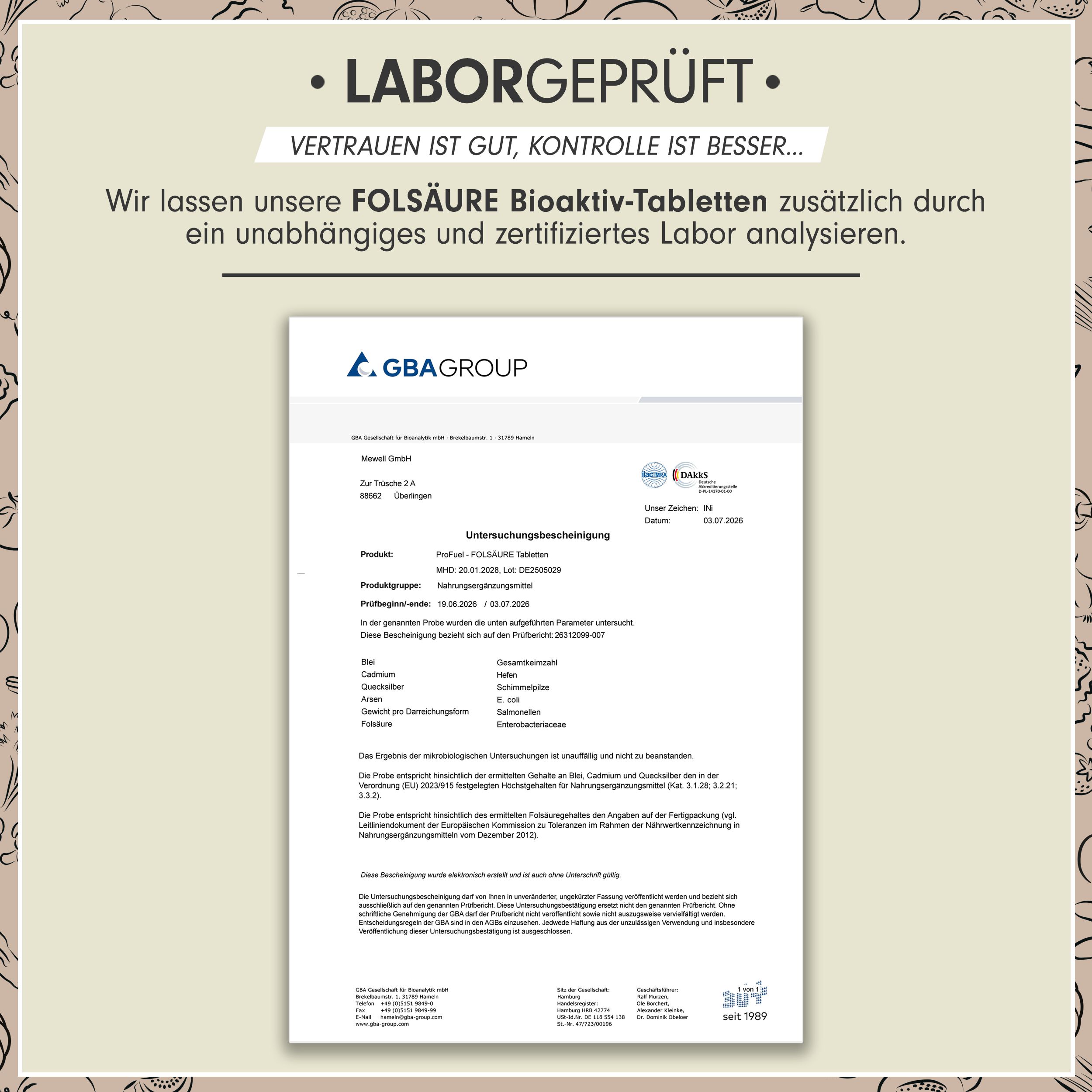 Laborbericht für Pro Fuel Folsäure Bioaktiv-Tabletten von GBA GROUP.