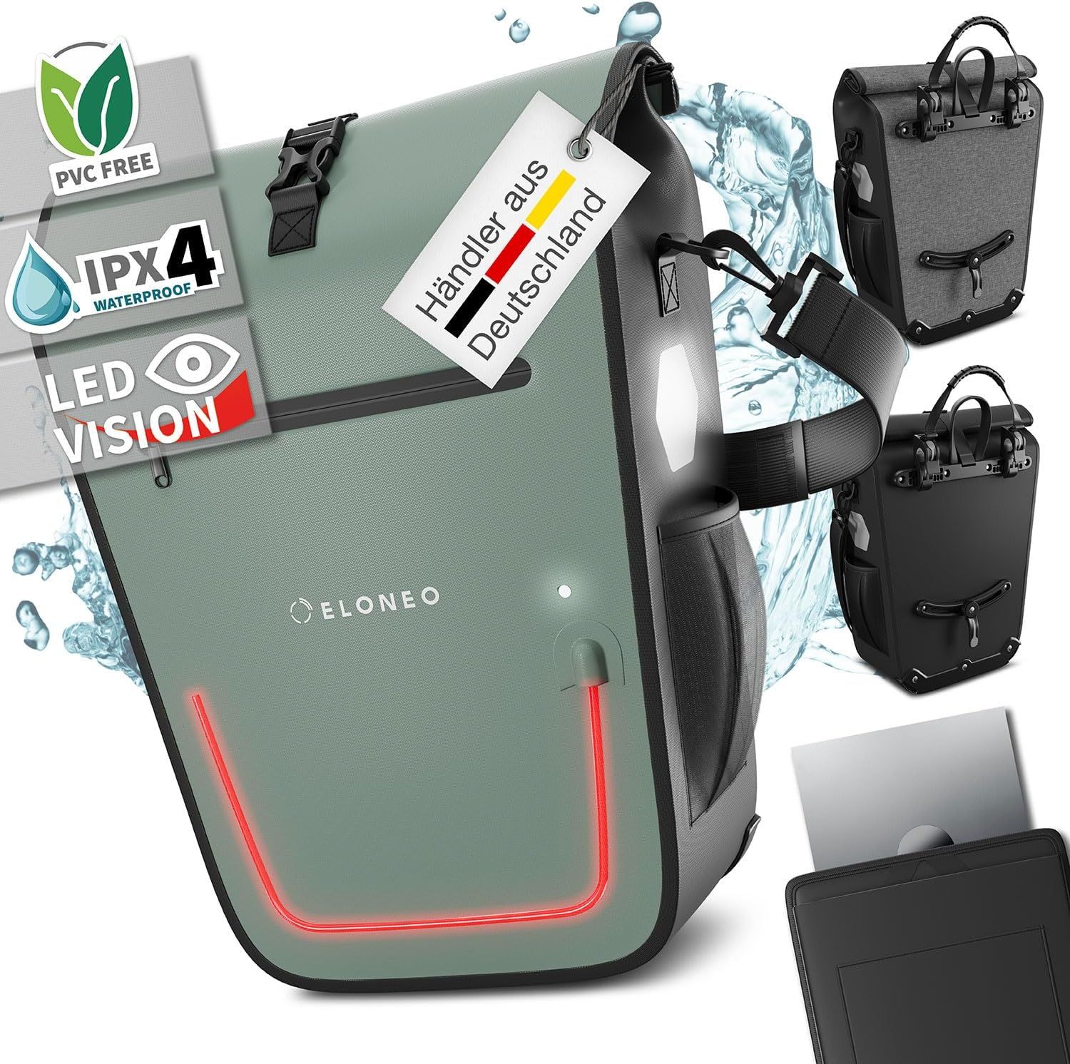 ELONEO Fahrradtasche Gepäckträgertasche, Satteltasche mit Reflektorstreifen wasserdicht mit LED