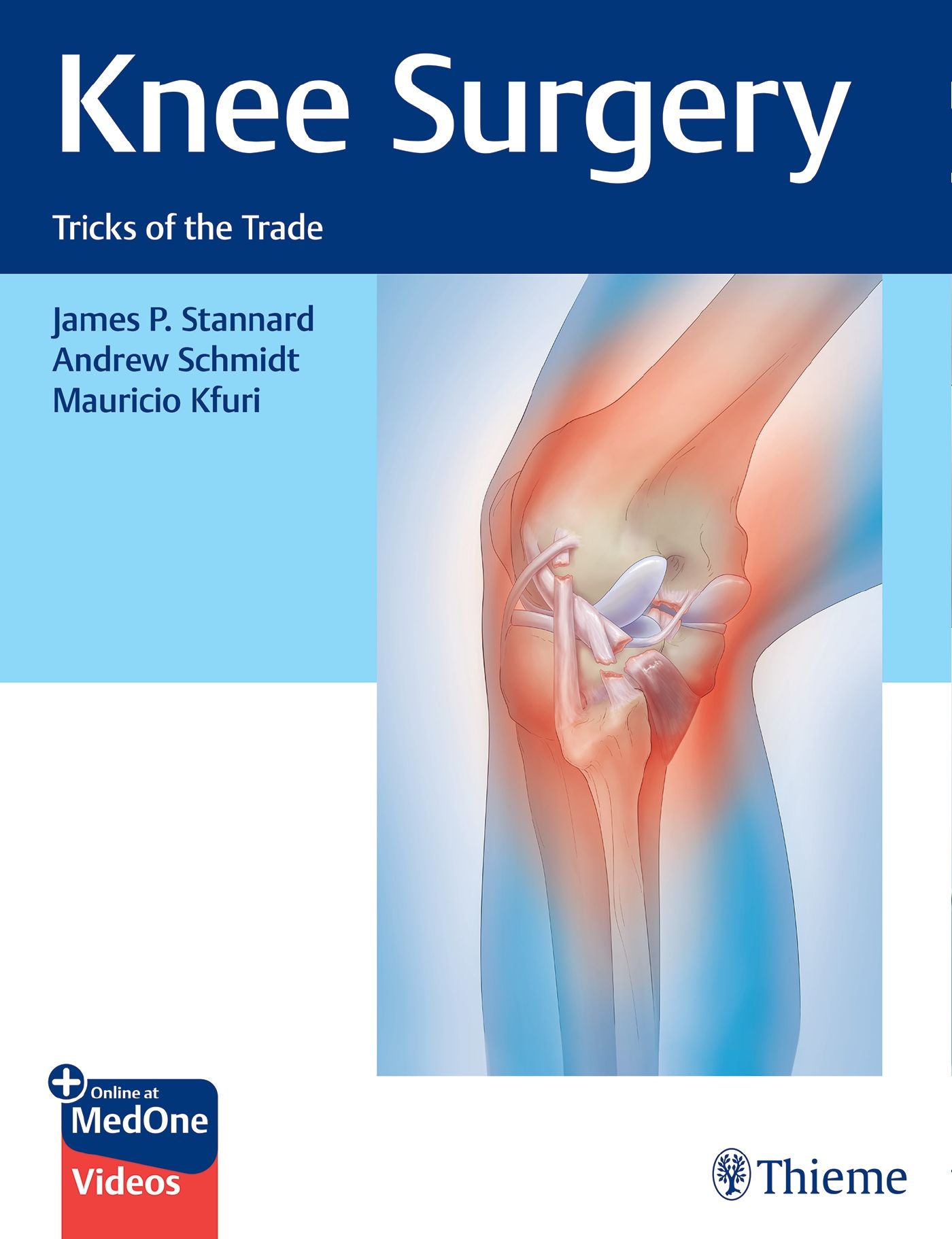 Buchcover: "Kniechirurgie". Titel, Autoren, Illustration eines Kniegelenks. Logo "MedOne Videos" und Thieme.