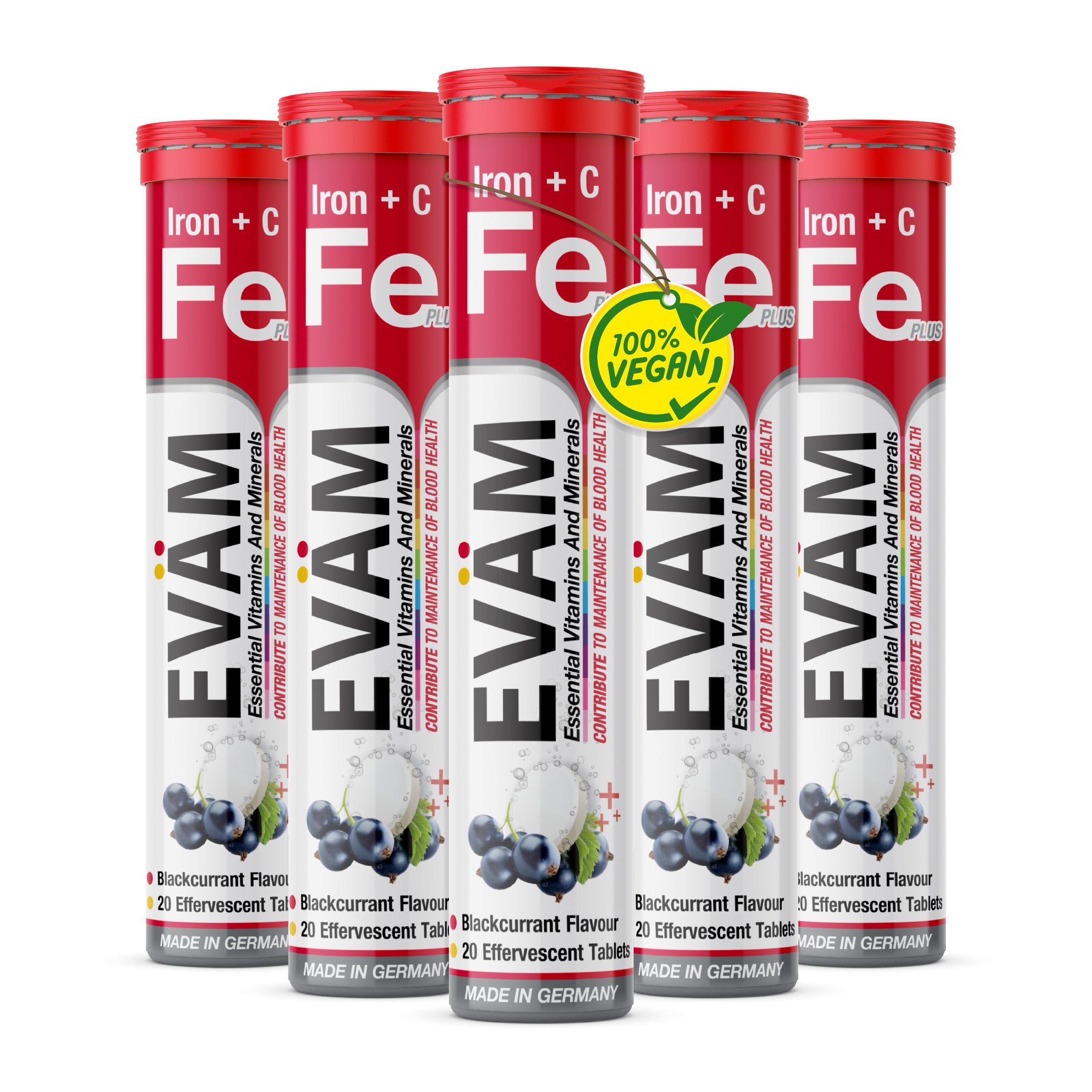 Fünf Packungen EVÄM Eisen + Vitamin C Brausetabletten. 20 Tabletten pro Packung. Vegan-Siegel.