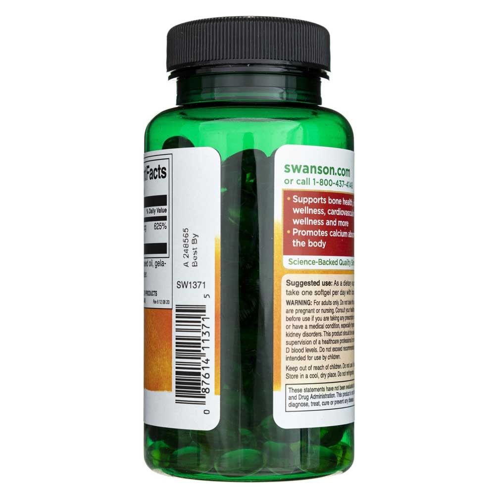 Seitenansicht der grünen SWANSON Vitamin D3 Flasche mit Barcode und Produktinformationen.