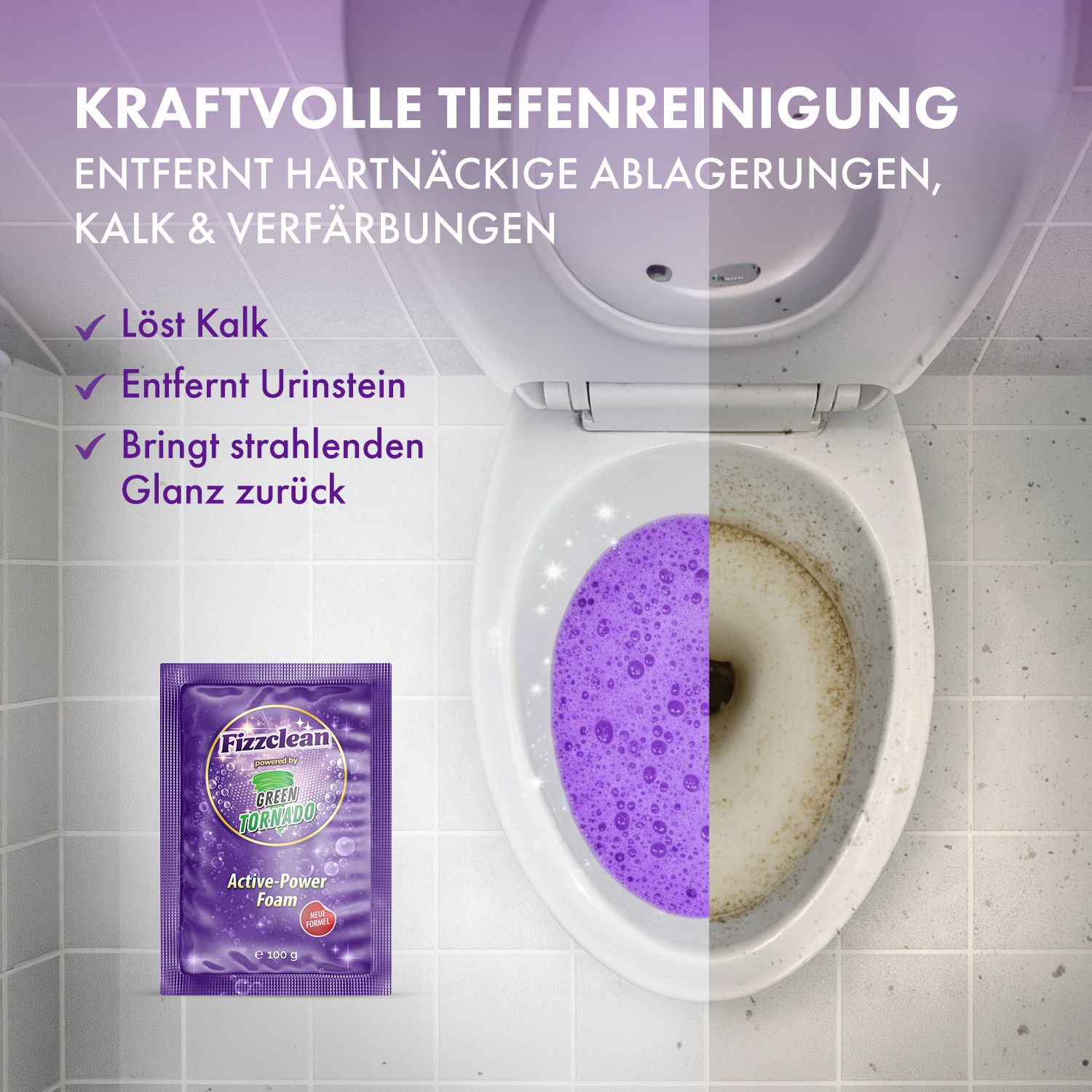 Halb gereinigte Toilette mit lila Schaum und daneben eine Fizzclean-Packung.