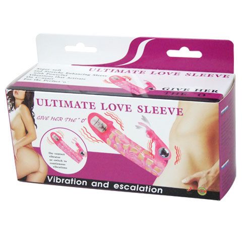 Verpackung für 'Ultimate Love Sleeve'. Rosa und weiß, mit Produktabbildung und Text. Abbildung einer Frau und eines Mannes.