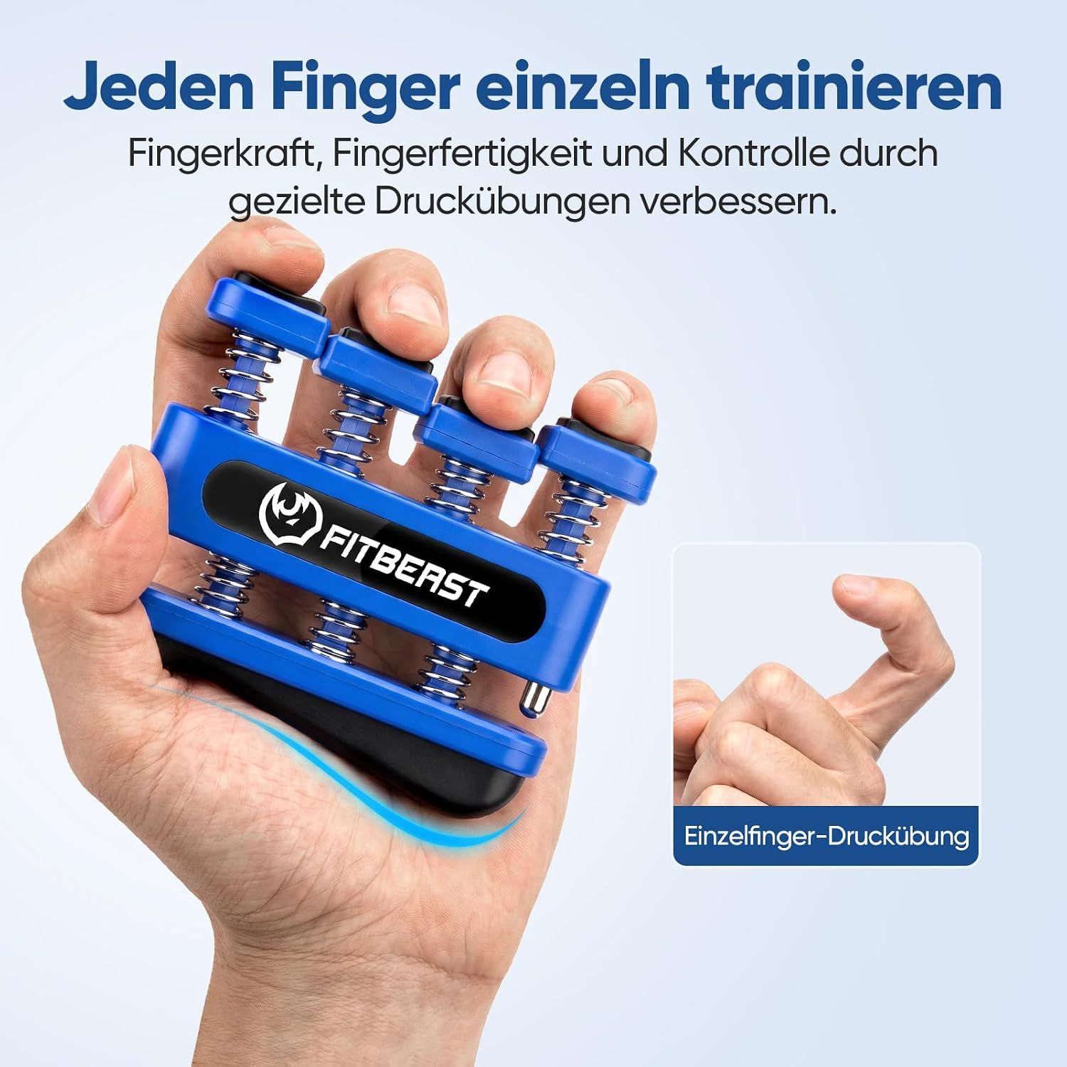 Blaue Handtrainer-Federklemme mit vier Federn und Griff.