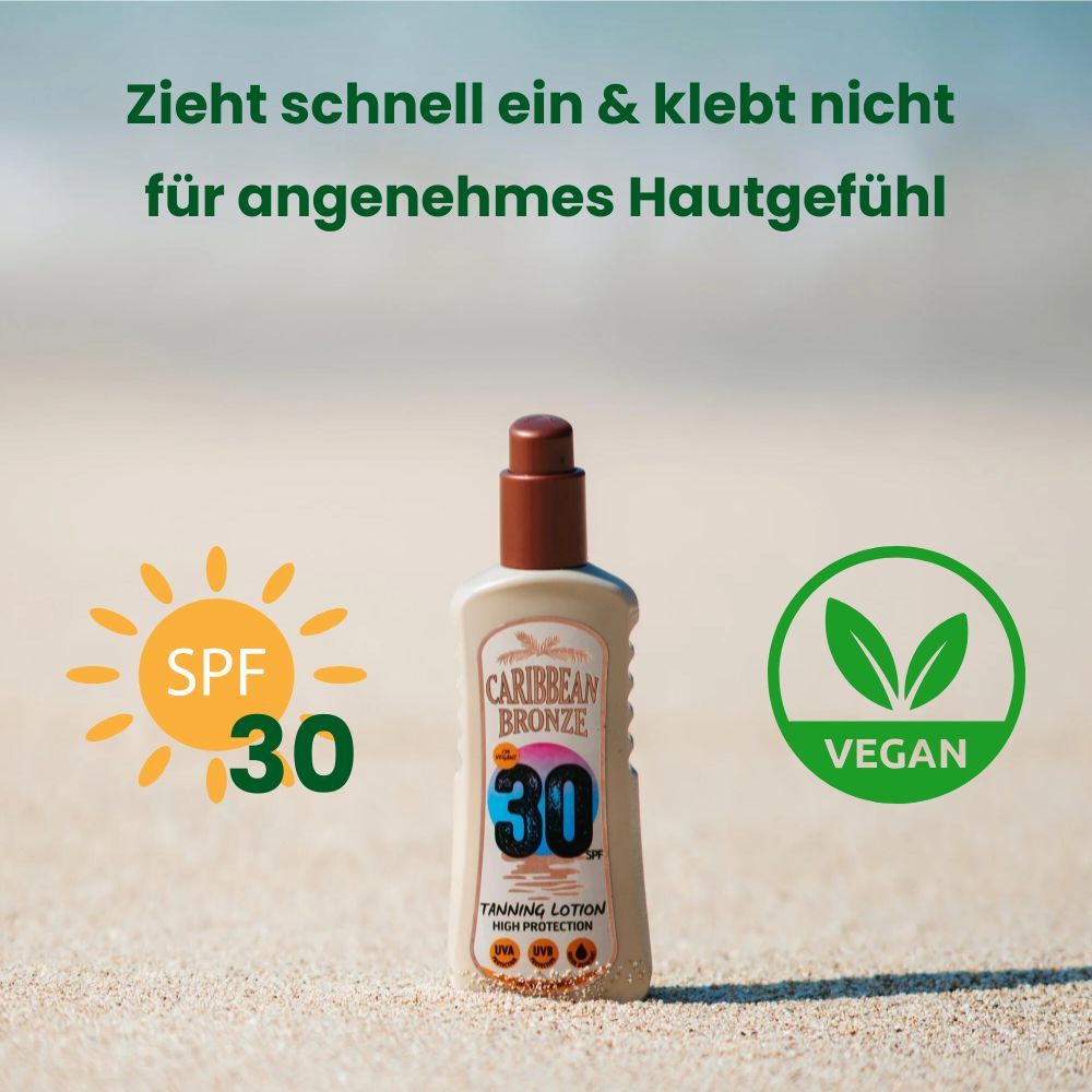 Sonnenlotion-Flasche mit SPF 30. Aufschrift: Caribbean Bronze, 30 SPF, Tanning Lotion. Vegan-Siegel. Text: Zieht schnell ein & klebt nicht.