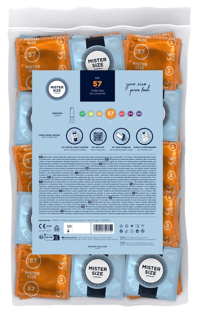 Verpackung mit Kondomen. Aufdruck: Mister Size, 57, Pure Feel, 100 Kondome.