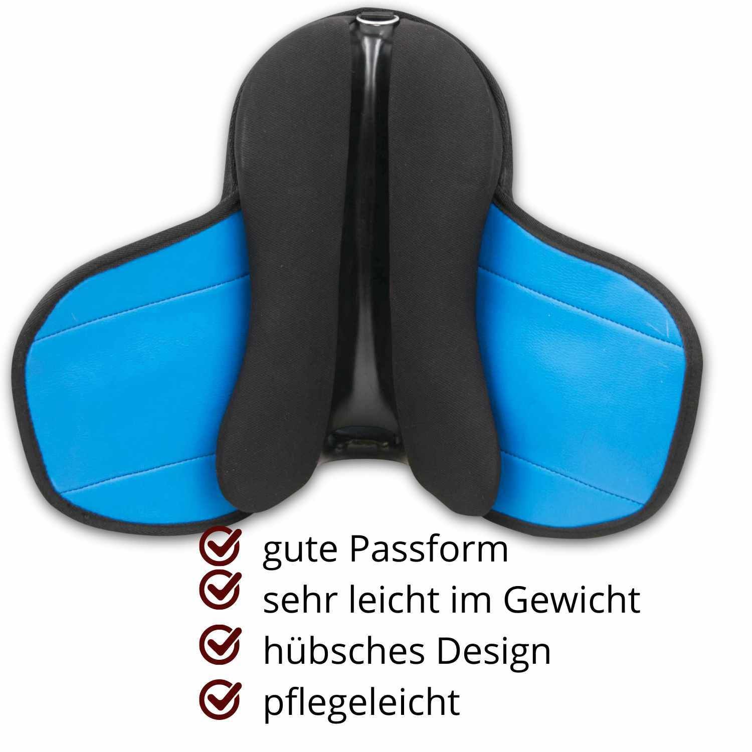 Pony-Shettysattel von unten. Blaue Sitzfläche. Text: gute Passform, sehr leicht, hübsches Design, pflegeleicht.