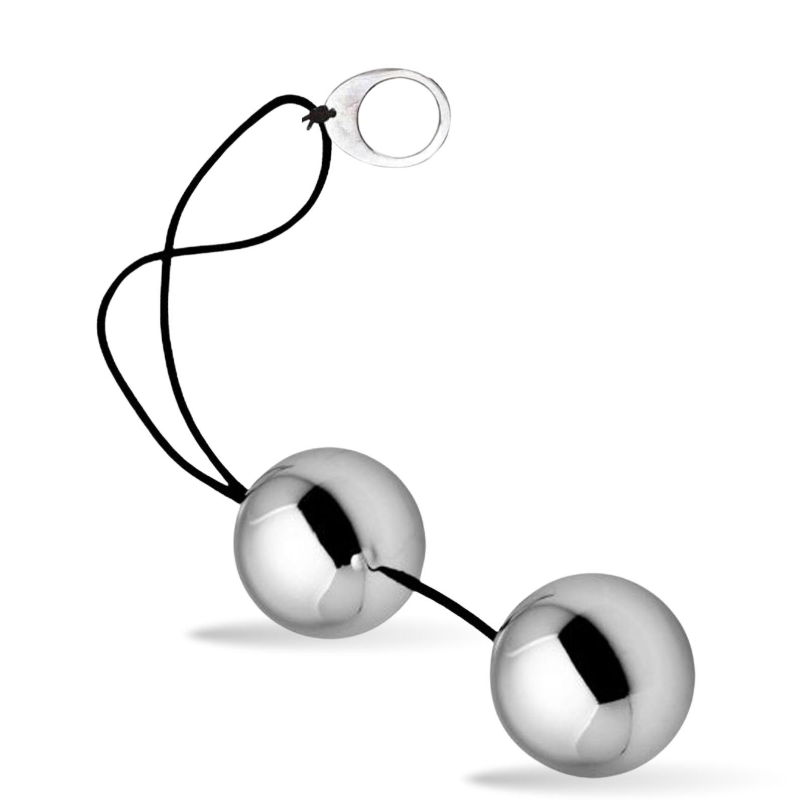 Zwei silberfarbene Kugeln, verbunden durch eine schwarze Schnur. Mit einem transparenten Ring.