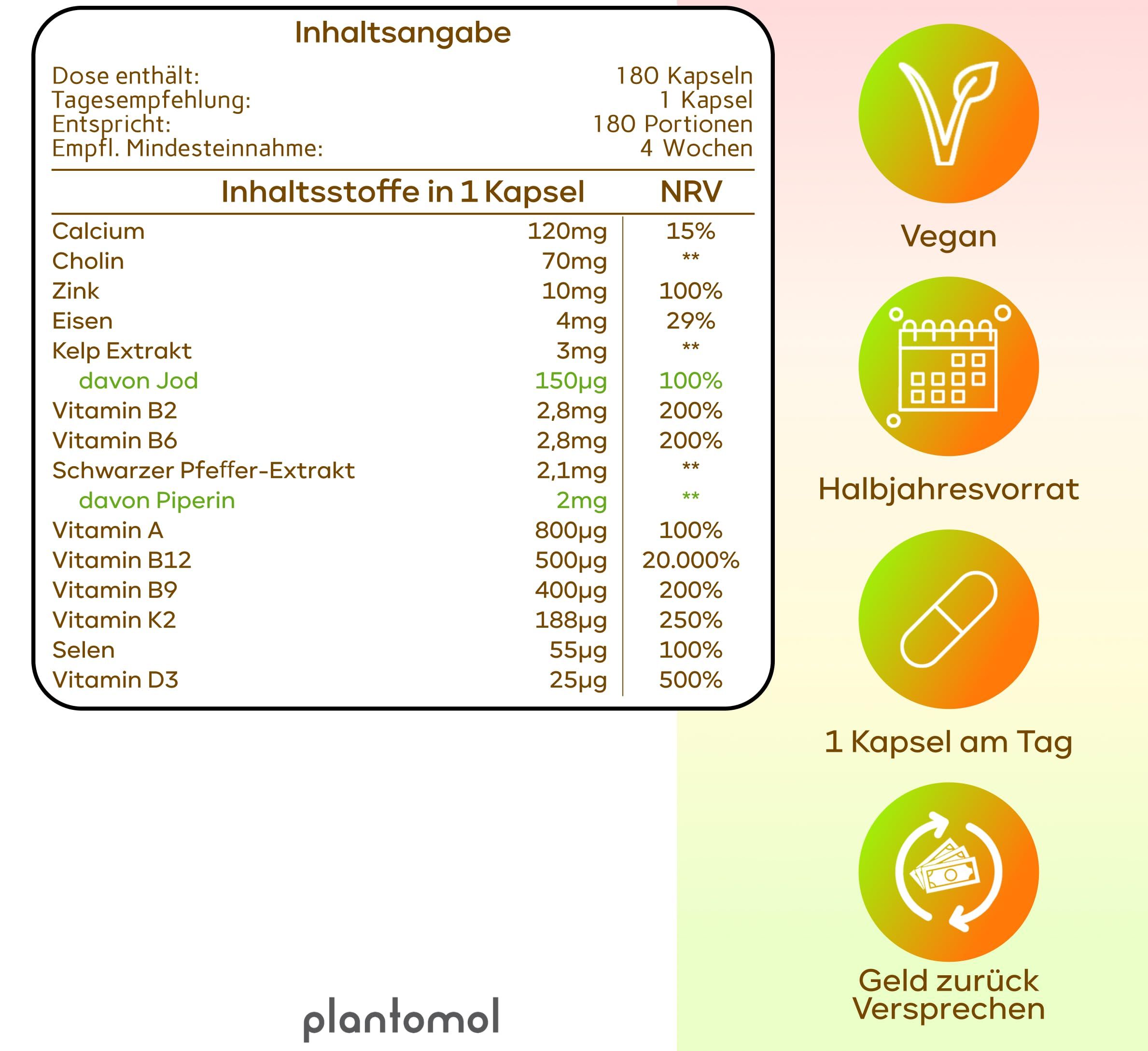 Inhaltsangabe mit Nährwertangaben pro Kapsel. Enthält Calcium, Zink, Eisen, Jod, Vitamine B2, B6, B12, A, D3. Vegan-Symbol, Halbjahresvorrat, 1 Kapsel pro Tag.