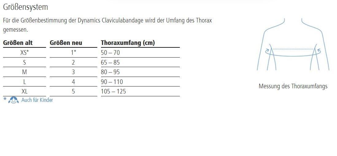 Größentabelle für Claviculabandage. Größen XS bis XL. Brustumfang in cm. Illustration der Messung des Brustumfangs.