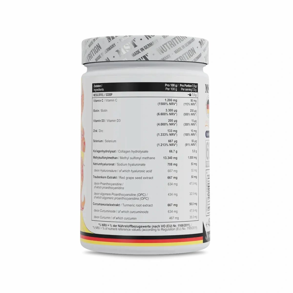 Weißes Supplement-Behälter mit Etikett. Enthält Informationen zu Inhaltsstoffen und Nährwerten. Deutscher Flaggen-Streifen am Boden.