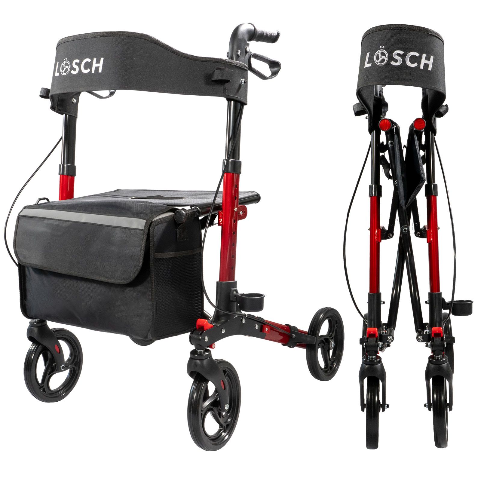 Rollator mit rotem Rahmen, schwarzem Sitz und Tasche. Marke LÖSCH auf Rückenlehne. Zusammengeklappt.