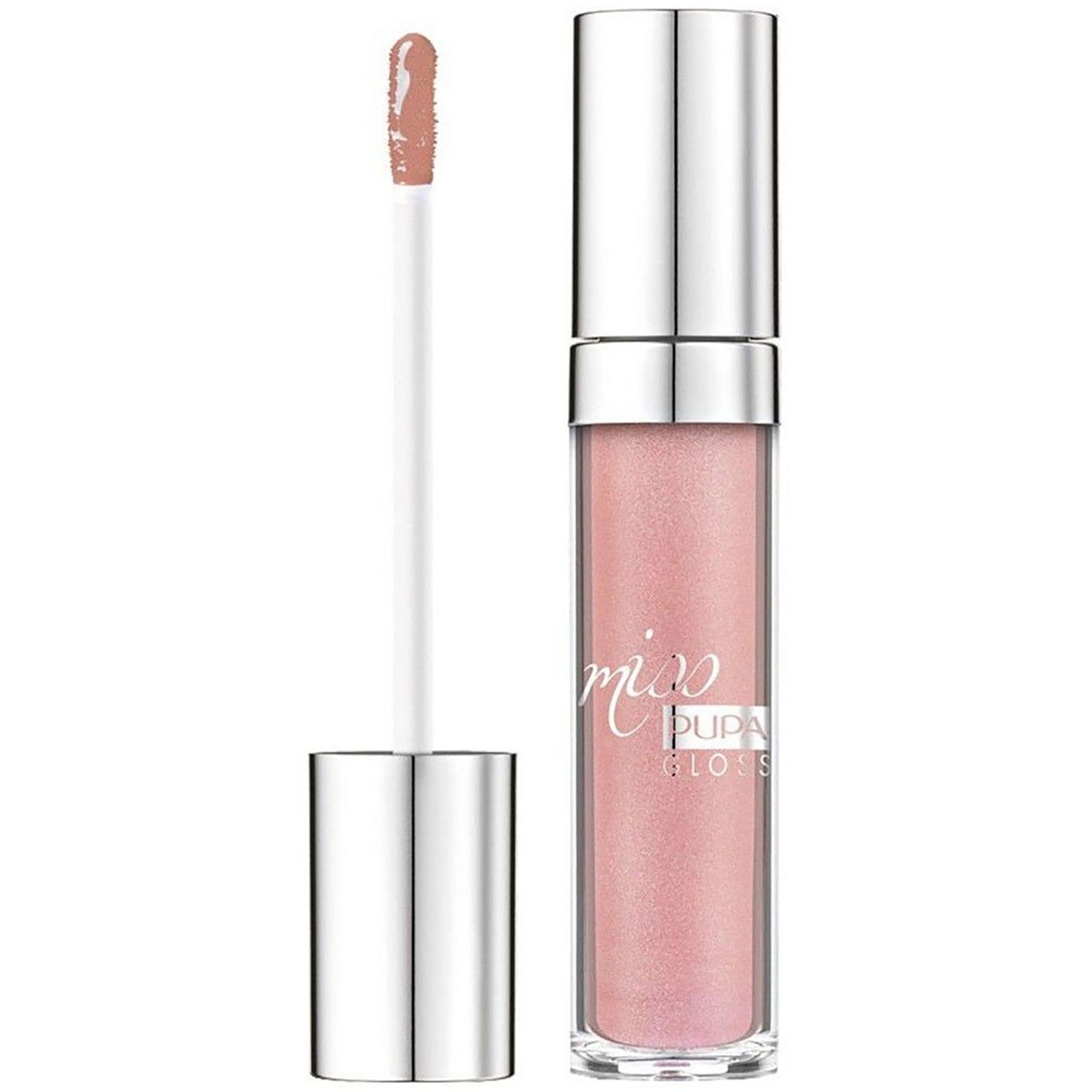 Pupa Milano Miss Pupa Gloss Lippenstift mit silbernem Deckel und Applikator, rosa Glanz.