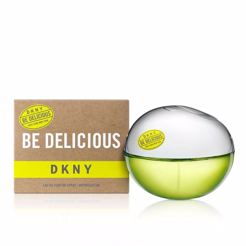 Runder Flakon und Verpackung. Flakon mit silberner Kappe und gelb-grüner Flüssigkeit. Verpackung mit Logo DKNY Be Delicious.