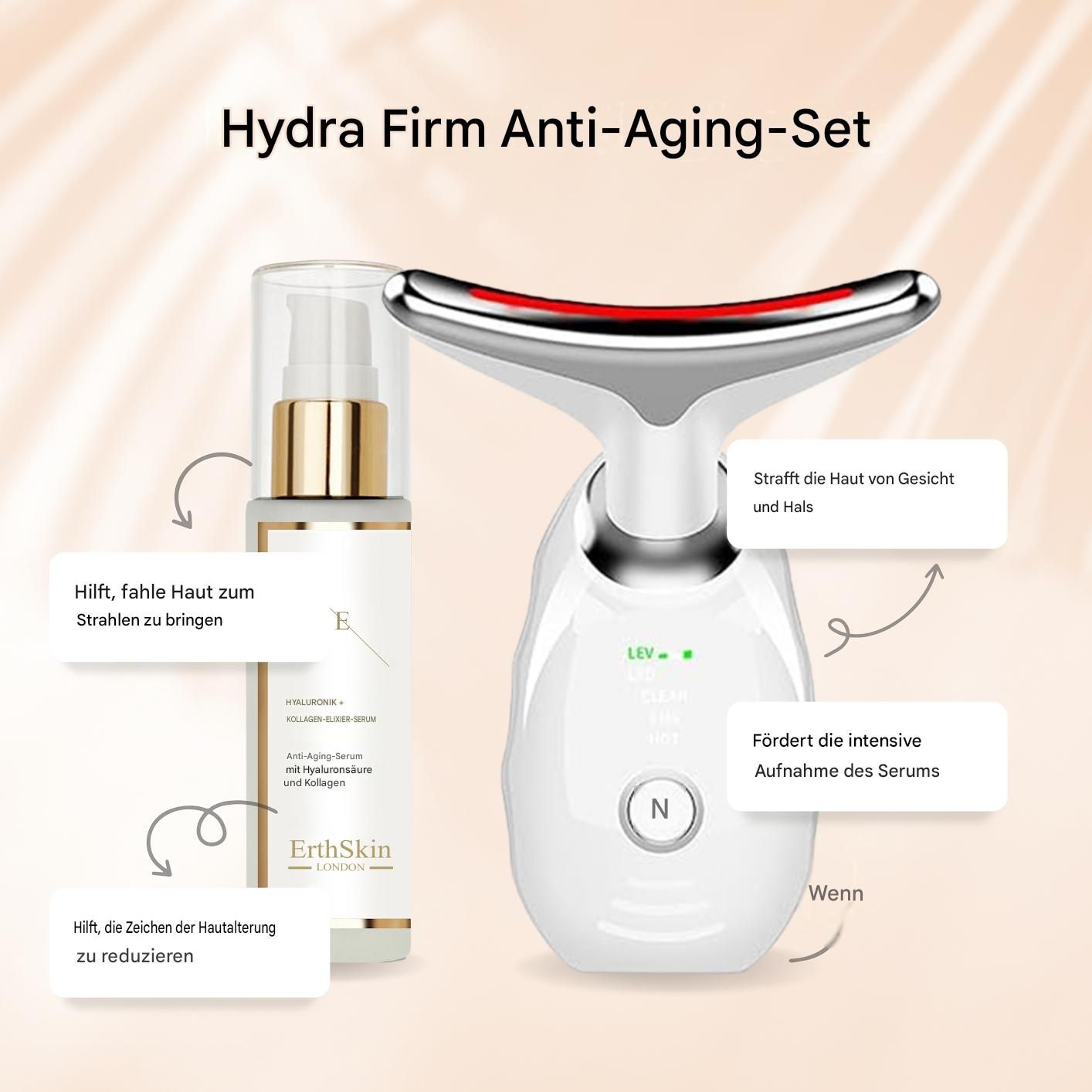 Erth Skin London Hydra Firm Anti-Aging Set: Hals-LED-Massagegerät und Hyaluronsäure-Kollagen-Elixier-Serum mit Anwendungshinweisen.