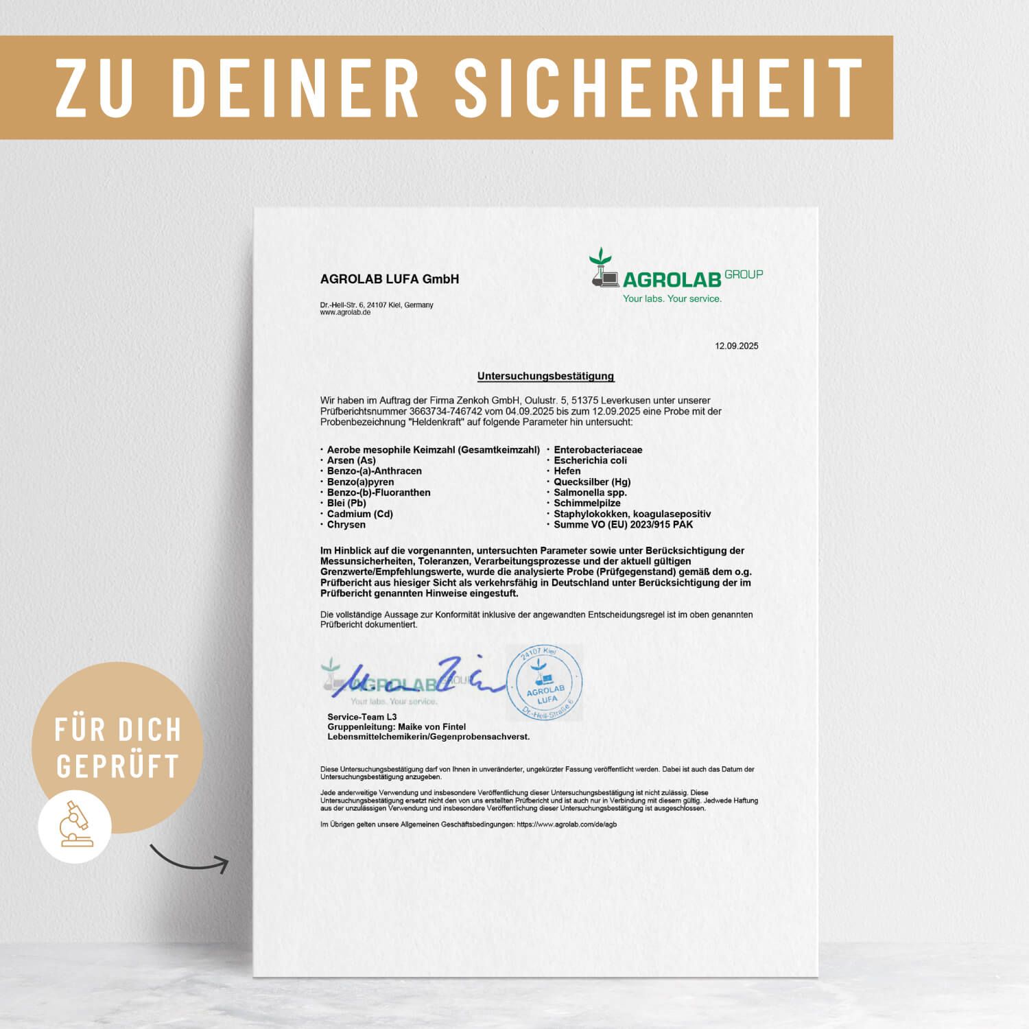 Zertifikat von Agrolab LUFA GmbH. Text und Unterschriften. Aufschrift: Für Dich geprüft.