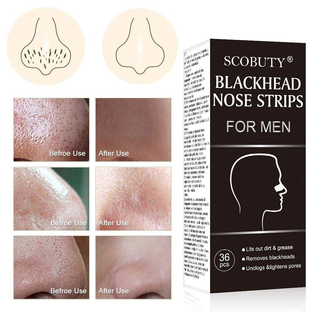 Vergleichsbilder vor und nach der Anwendung von Blackhead Nose Strips. Verpackung mit 36 Stück.