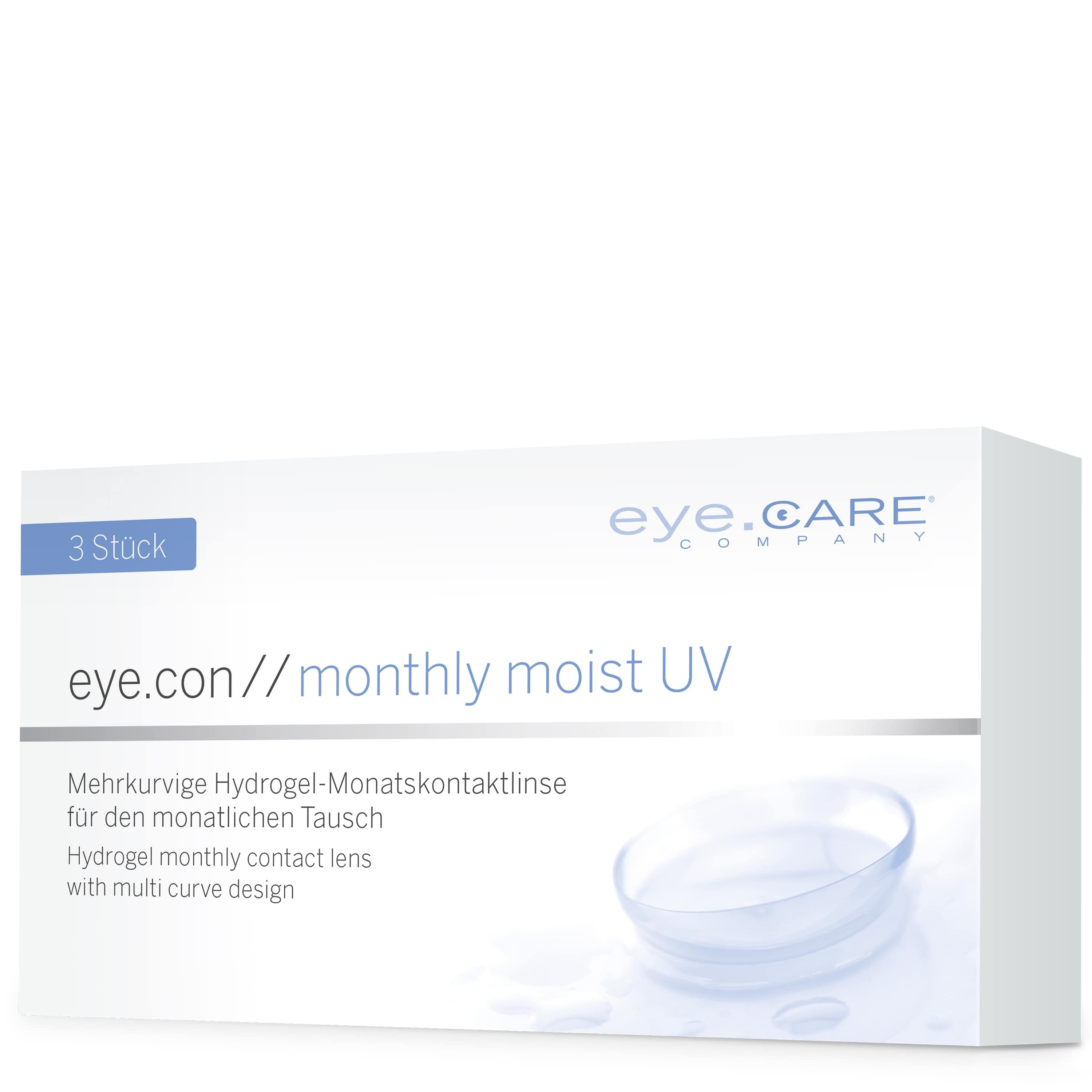 Weiße Verpackung mit Aufschrift "eye.con//monthly moist UV". Enthält 3 Stück. Text in Deutsch und Englisch. Kontaktlinse abgebildet.