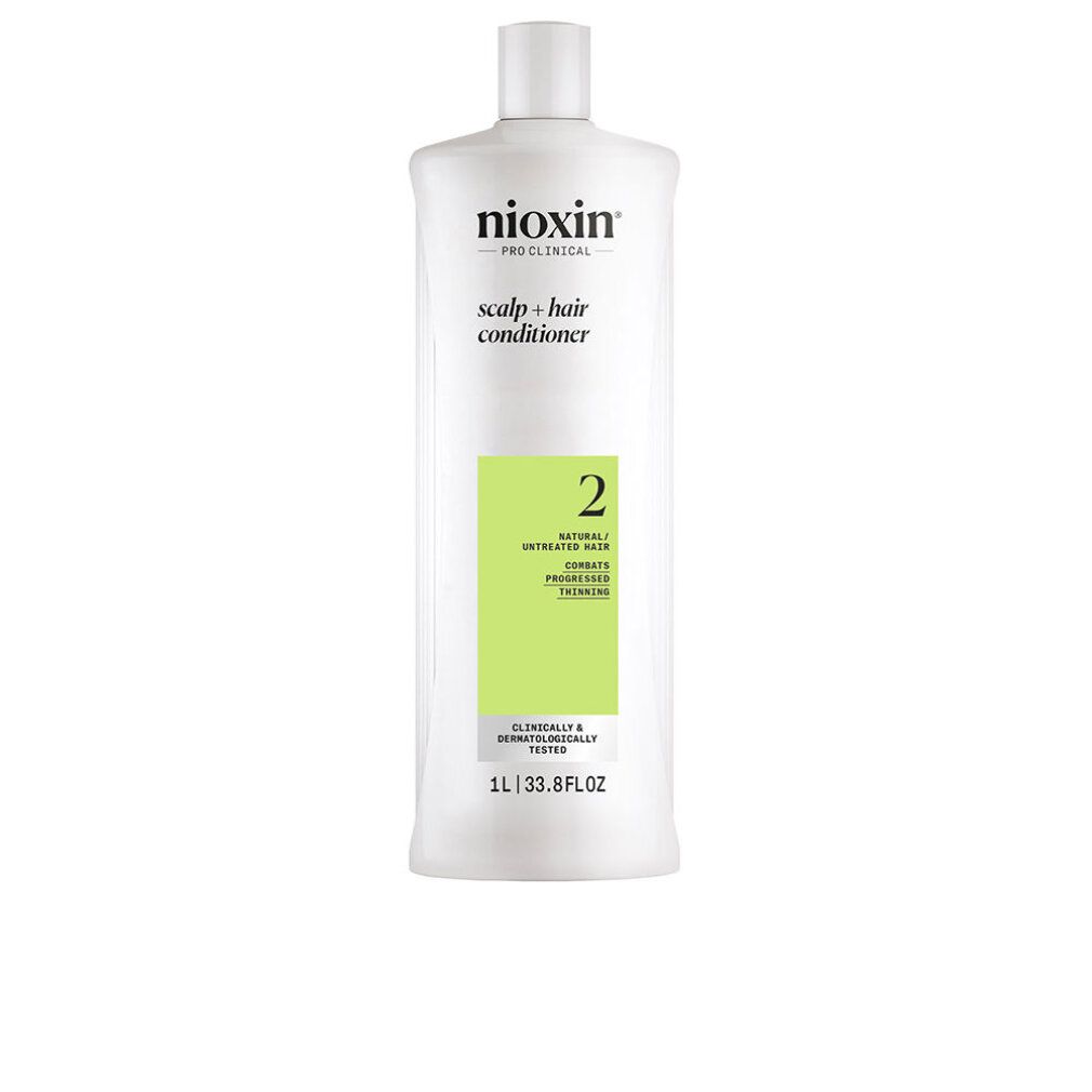 Weiße Flasche mit grünem Etikett. Aufschrift: Nioxin, Scalp + Hair Conditioner, 2. Volumen: 1L | 33.8 fl.oz.
