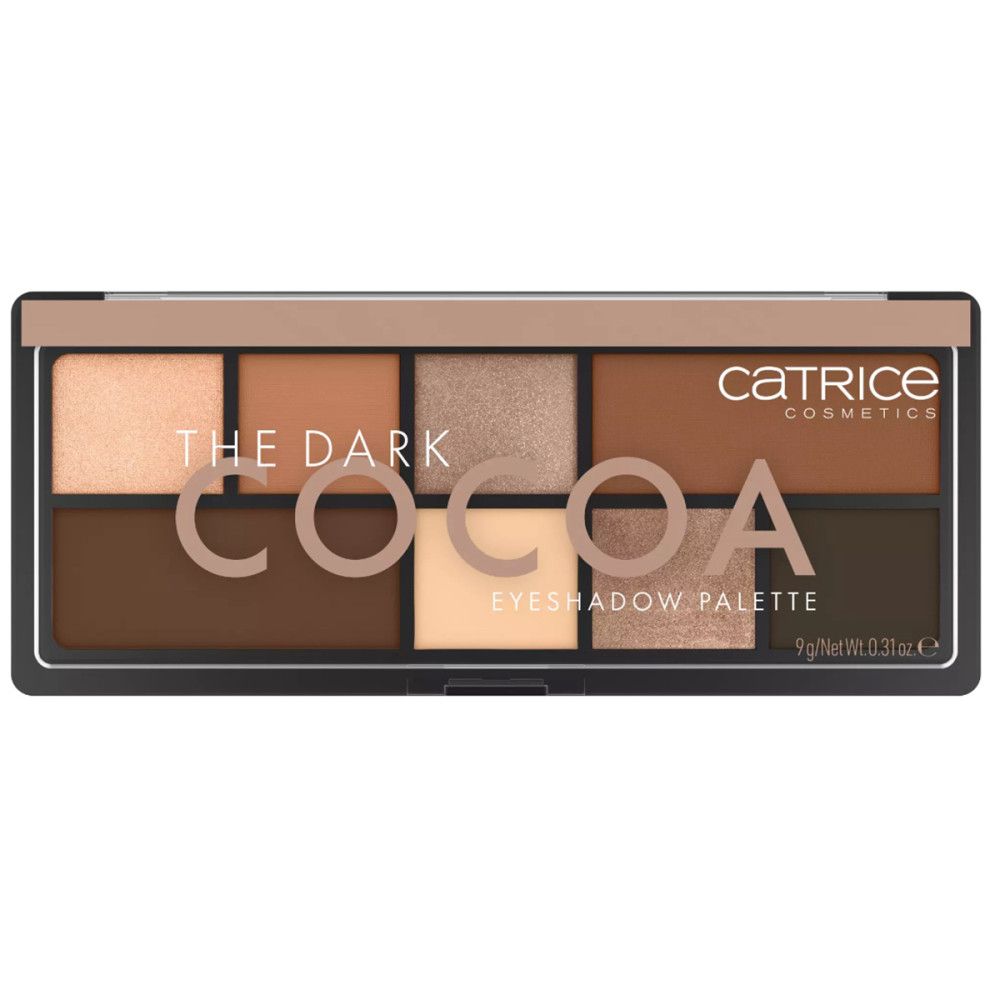 Lidschattenpalette mit neun Farbtönen. Aufschrift: THE DARK COCOA. Marke: Catrice Cosmetics.