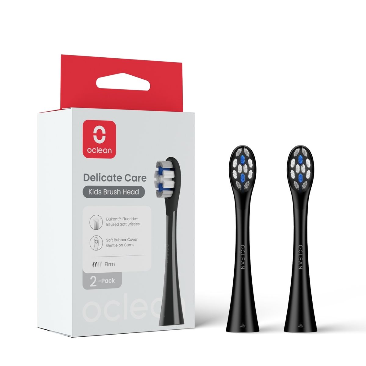 Verpackung mit zwei schwarzen Bürstenköpfen. Oclean-Logo und Produktbezeichnung. Rote und weiße Verpackung.