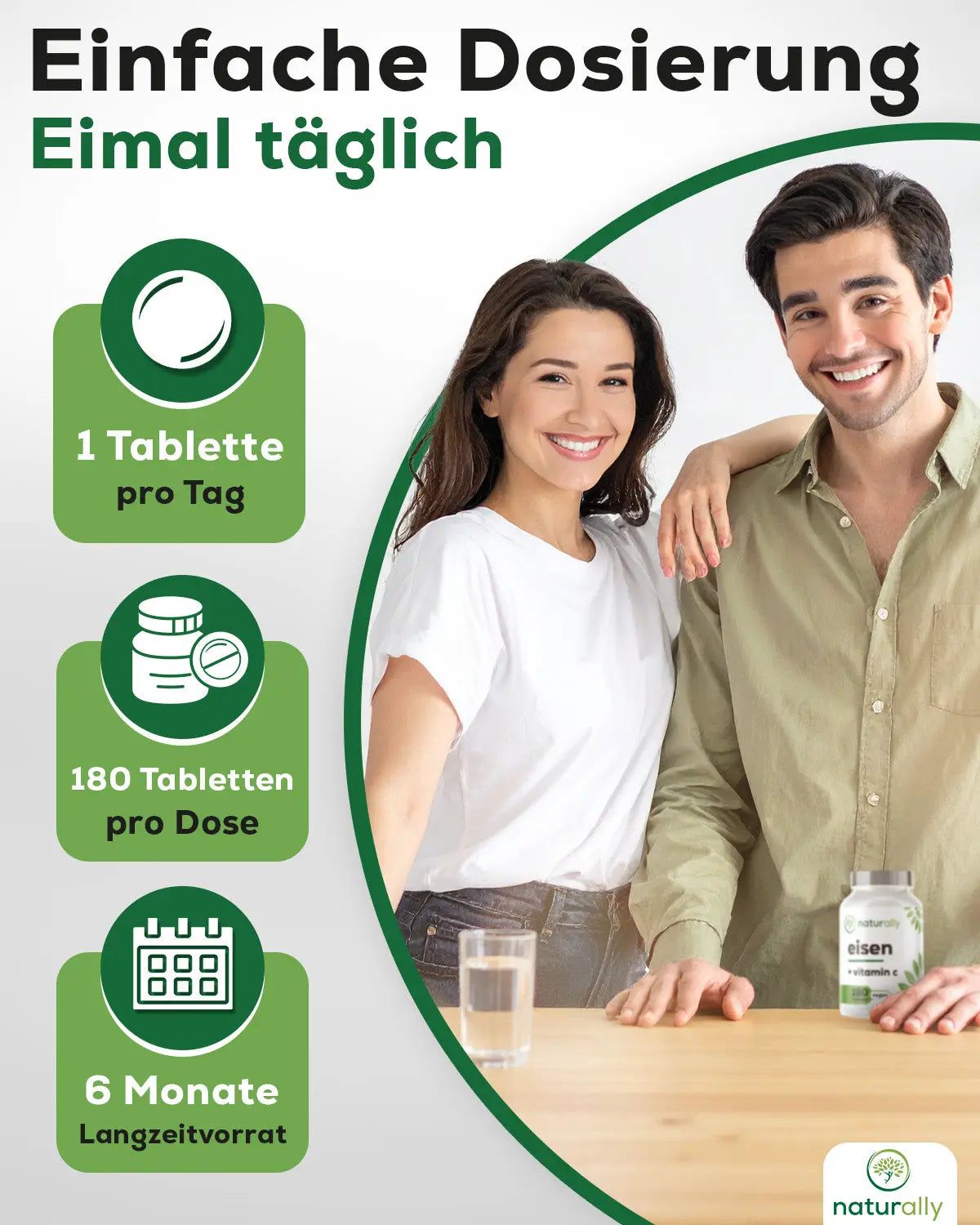 Werbung mit Paar. Text: Einfache Dosierung. 1 Tablette pro Tag, 180 Tabletten pro Dosis, 6 Monate Vorrat.