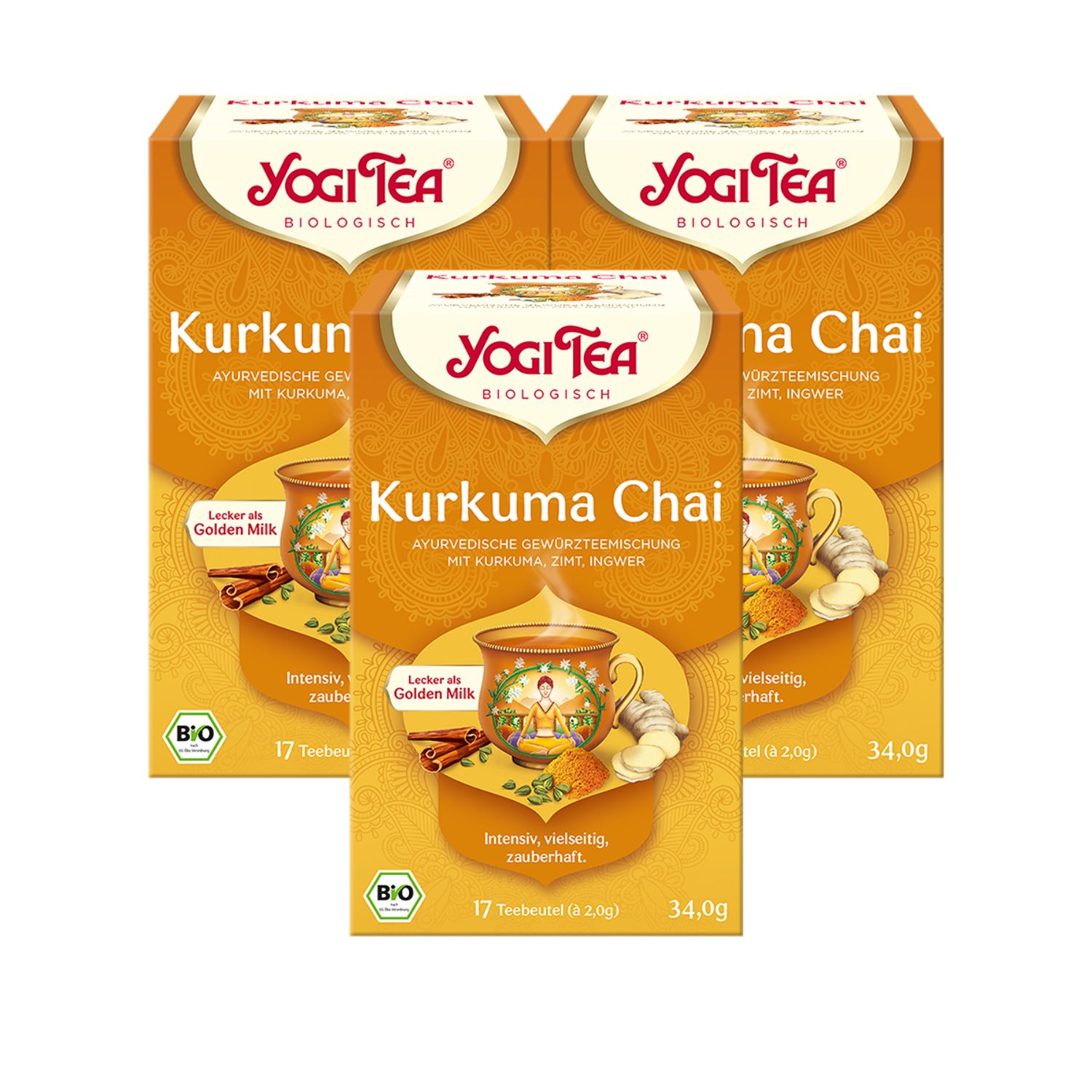Drei Packungen YOGI TEA Kurkuma Chai Bio Gewürztee. Jede Packung zeigt das Produkt, Zutaten und Bio-Siegel.