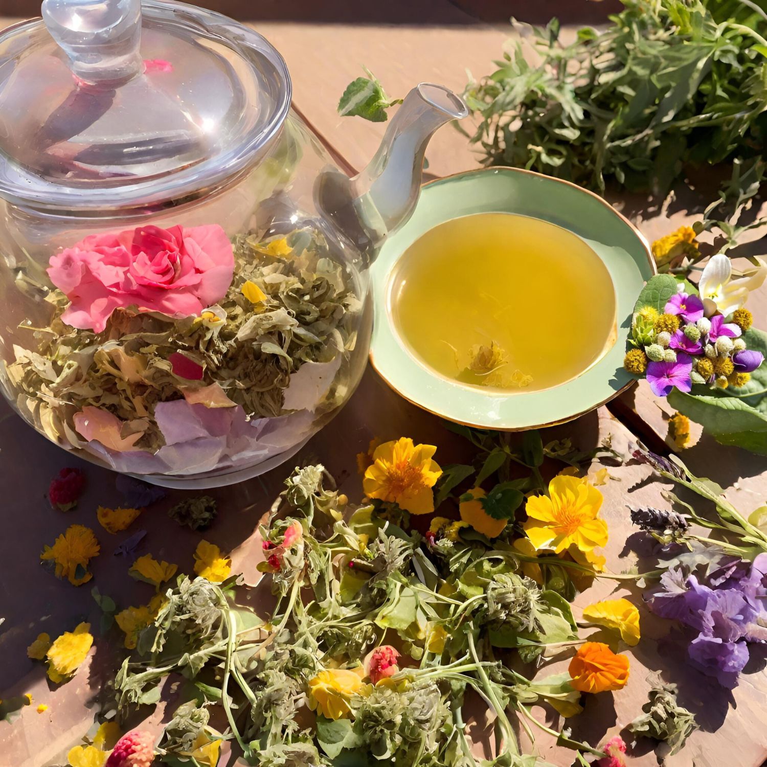 Glas-Teekanne mit Kräutern und Rosenblüte. Tasse mit Tee. Kräuter und Blüten auf Holzuntergrund.