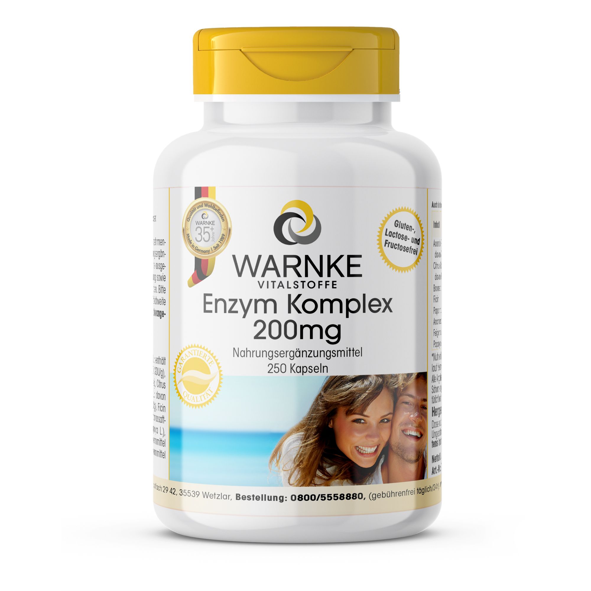 Weiße Flasche mit gelbem Deckel. Aufschrift: Warnke Vitalstoffe, Enzym Komplex 200mg, Nahrungsergänzungsmittel. 250 Kapseln.