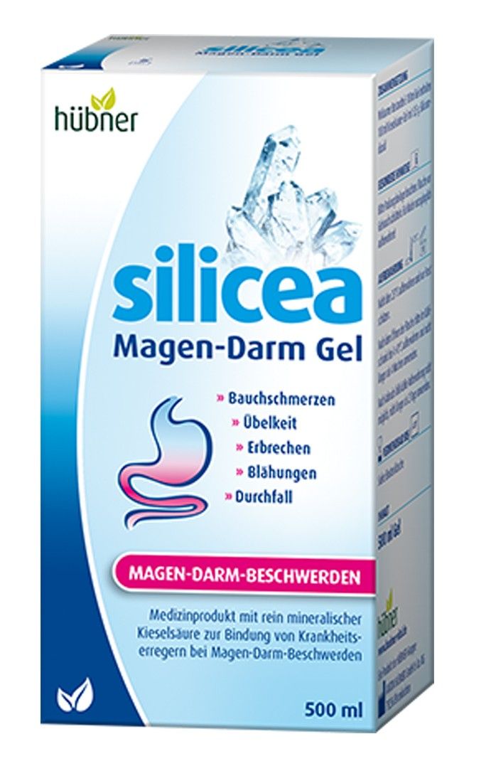 Hübner Silicea Magen-Darm-Gel. Weiße Verpackung mit Produktnamen und Illustration des Verdauungstrakts. 500 ml.