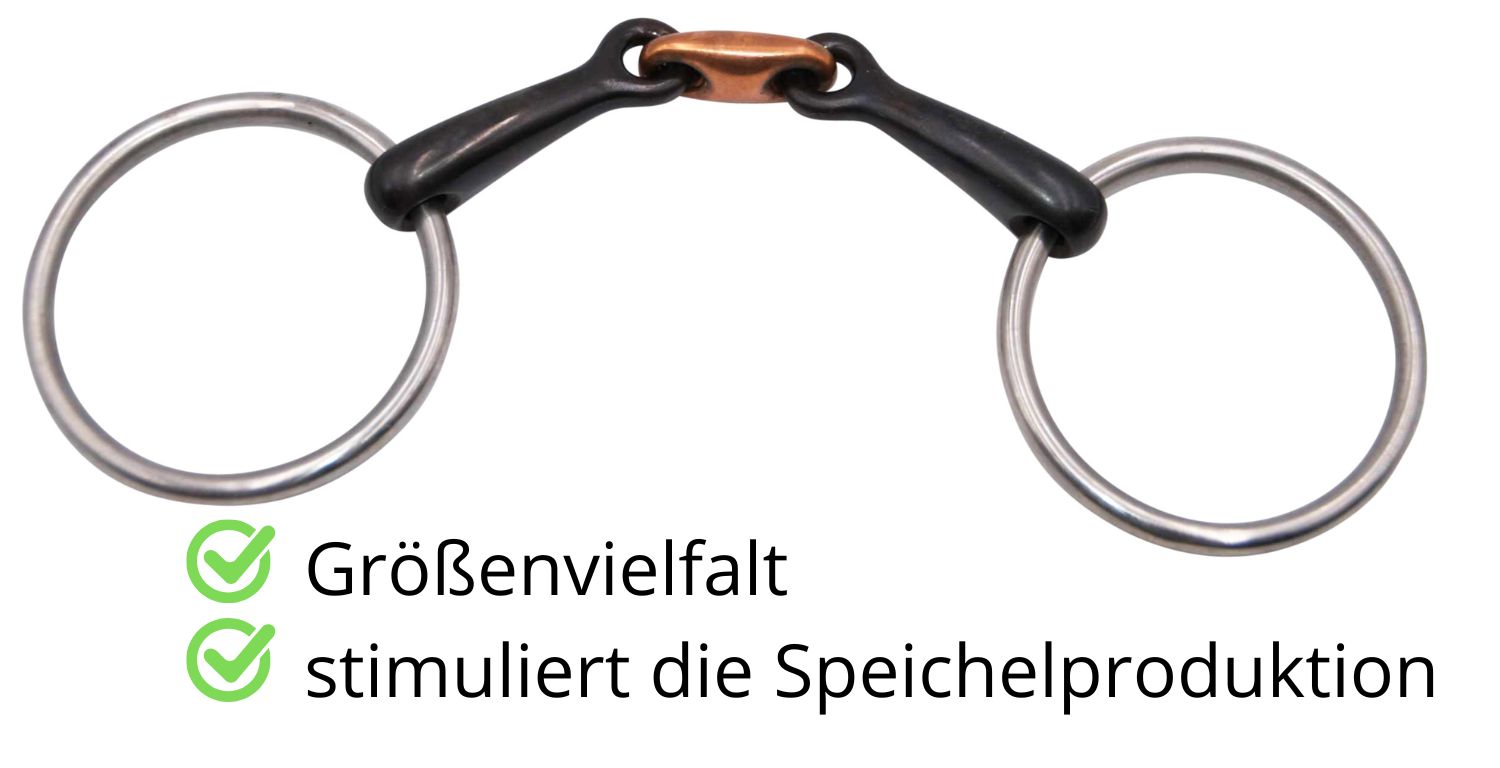 Gebiss mit Metallringen, schwarze und kupferfarbene Elemente. Text: 'Größenvielfalt', 'stimuliert die Speichelproduktion'.