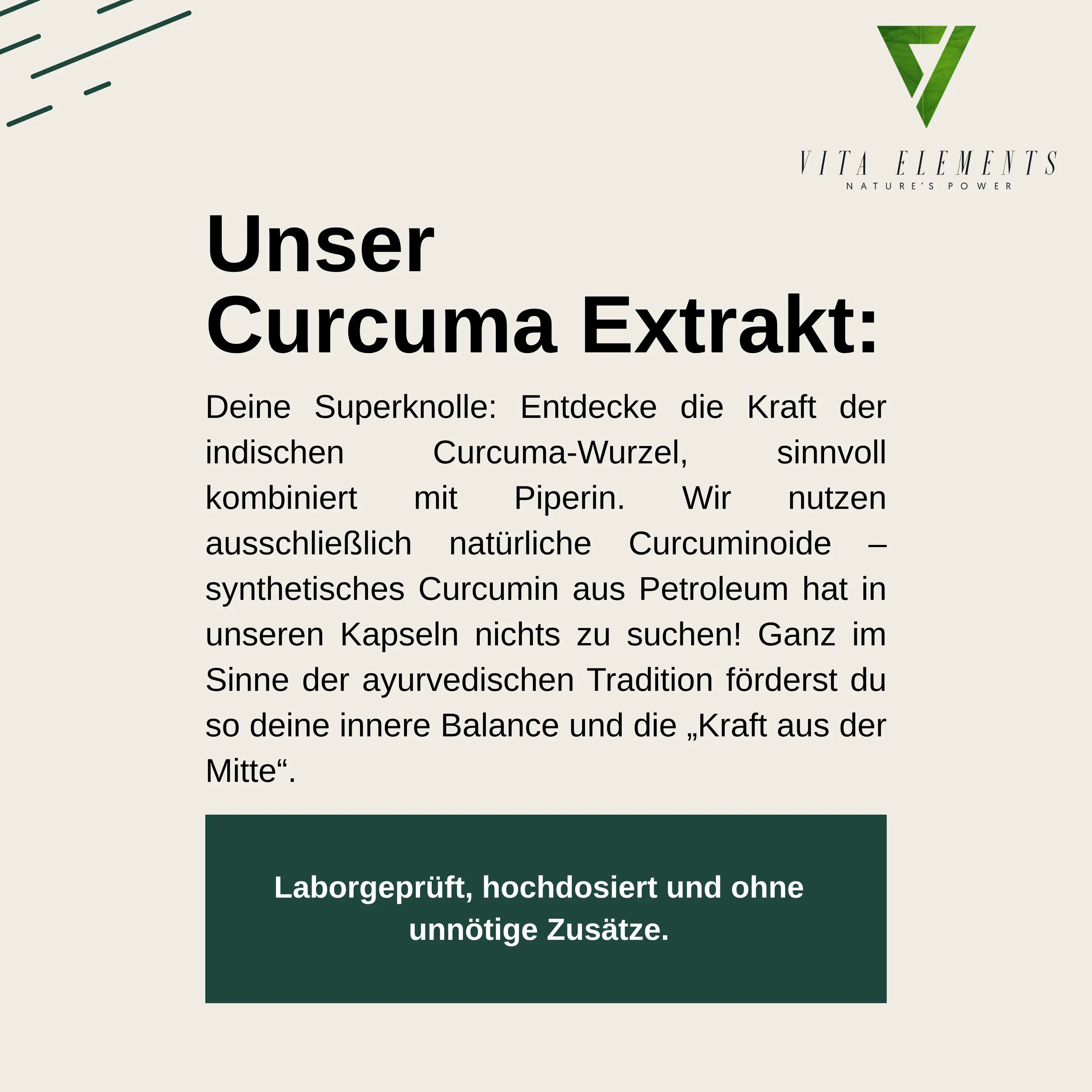 Vita Elements Curcuma Extrakt: Informationen über Inhaltsstoffe, Laborprüfung und vegane Herstellung. Ohne unnötige Zusätze.