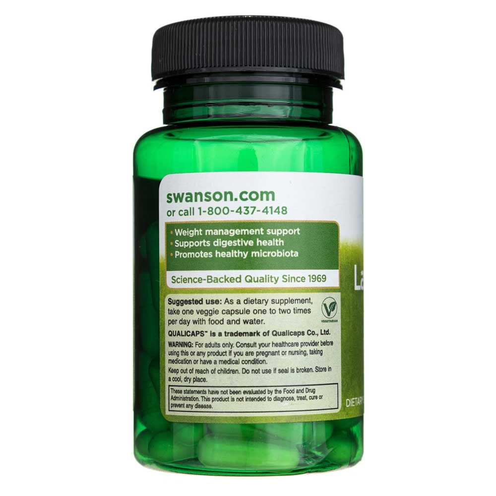 Rückseite einer Flasche Swanson Lactobacillus Gasseri mit Informationen zu Qualität und Anwendung.