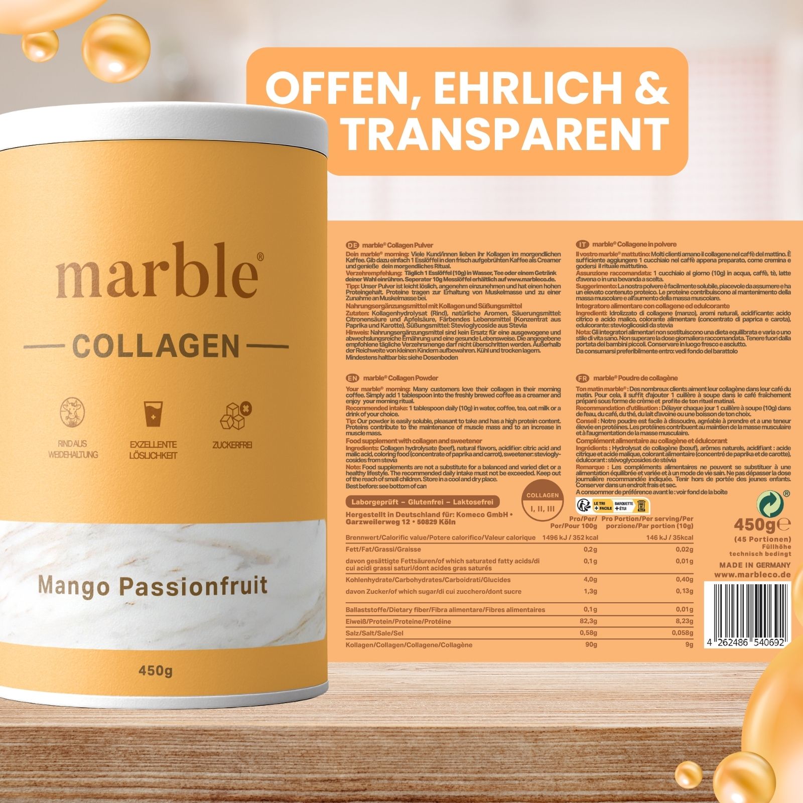Dose marble Collagen, Mango-Passionfruit. Offen, ehrlich & transparent. Produktinformationen und Nährwerttabelle. 450g.
